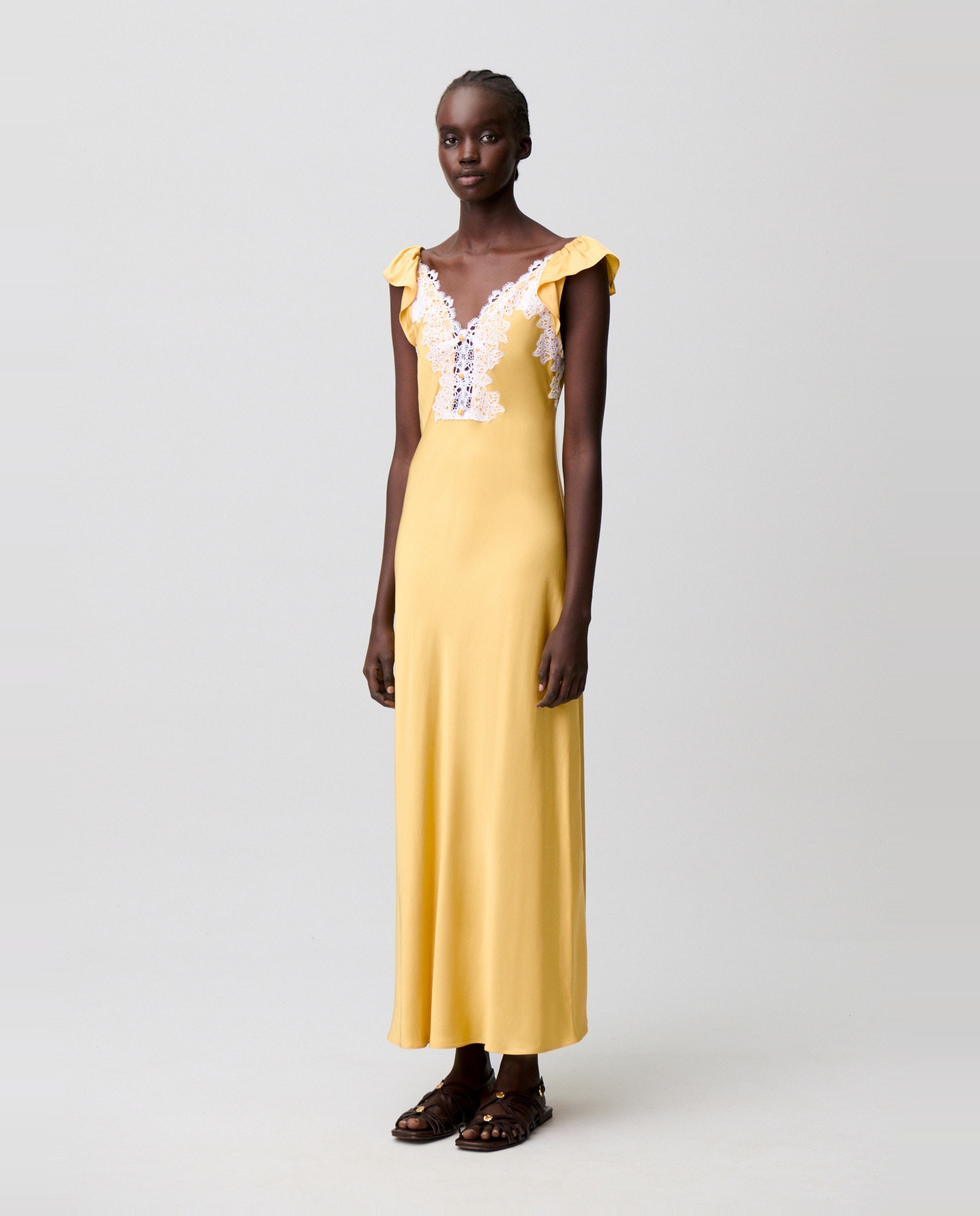 Vestido largo de satén con encaje - Claudie Pierlot - Amarillo Amarillo-2