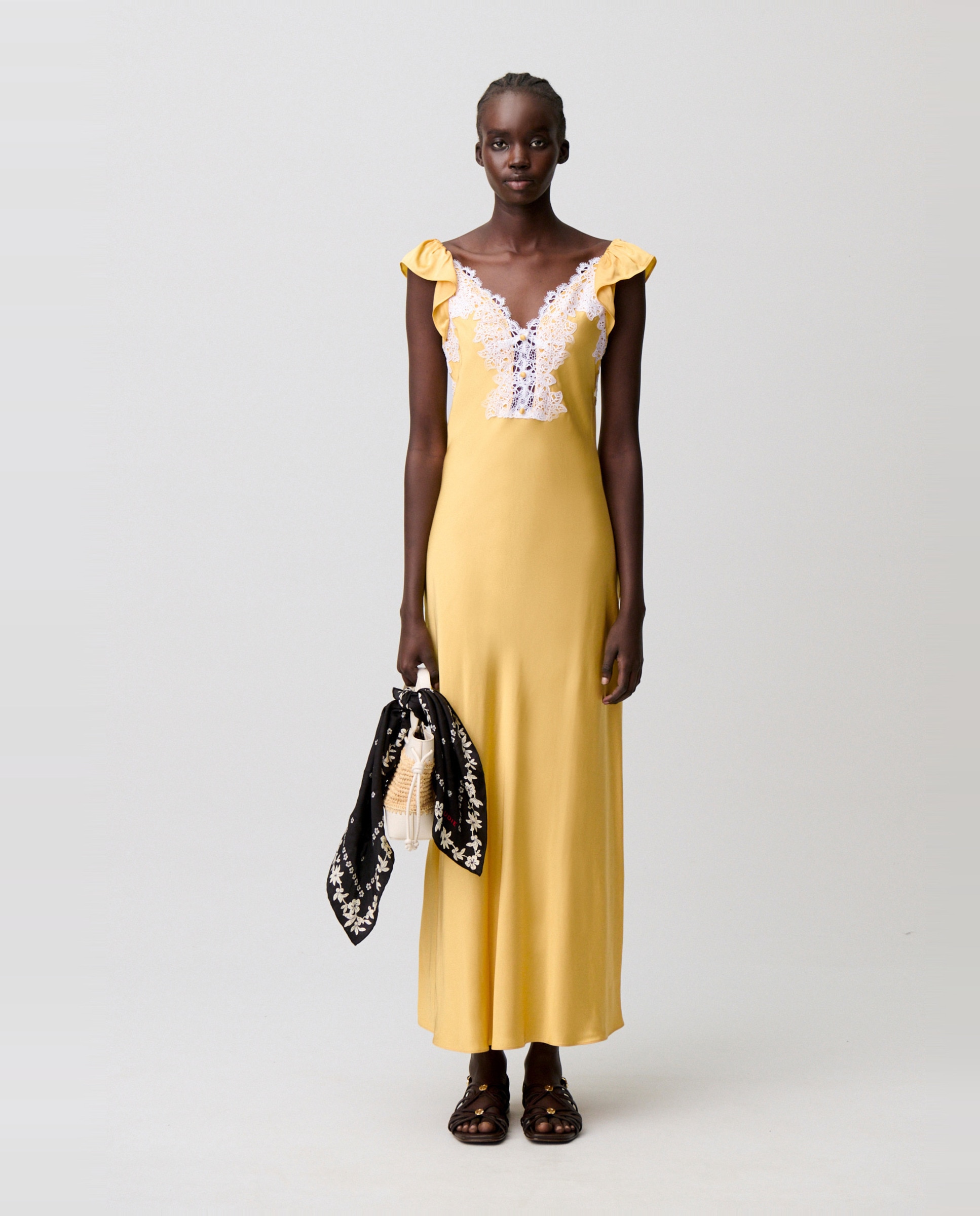 Vestido largo de satén con encaje - Claudie Pierlot - Amarillo Amarillo-4