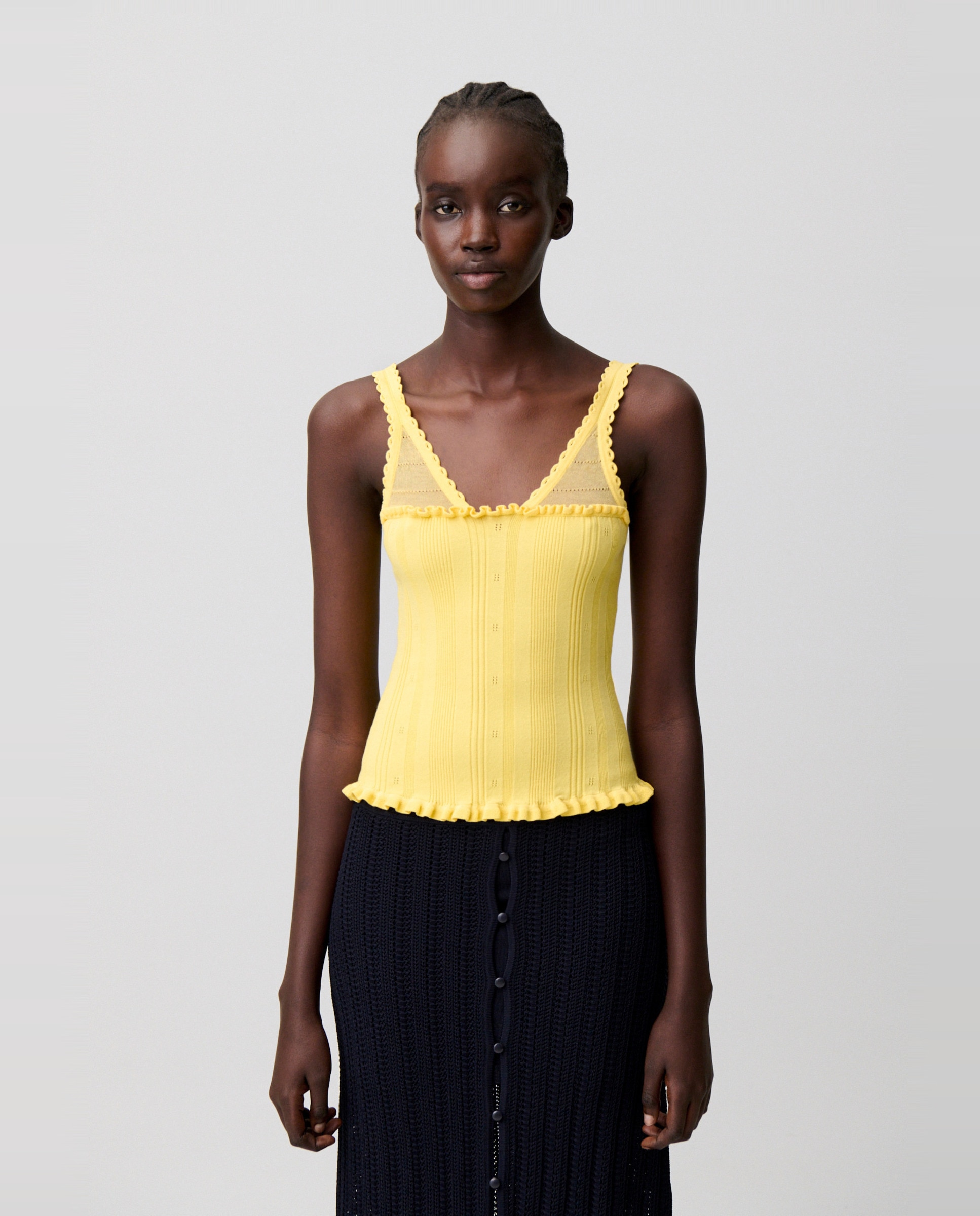 Top de punto de mujer con cuello v, volantes y calados - Claudie Pierlot - Amarillo Amarillo-1