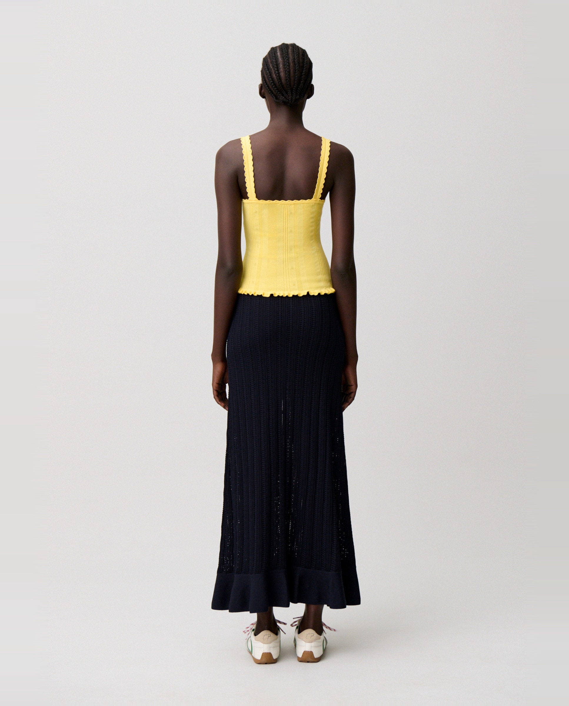 Top de punto de mujer con cuello v, volantes y calados - Claudie Pierlot - Amarillo Amarillo-2