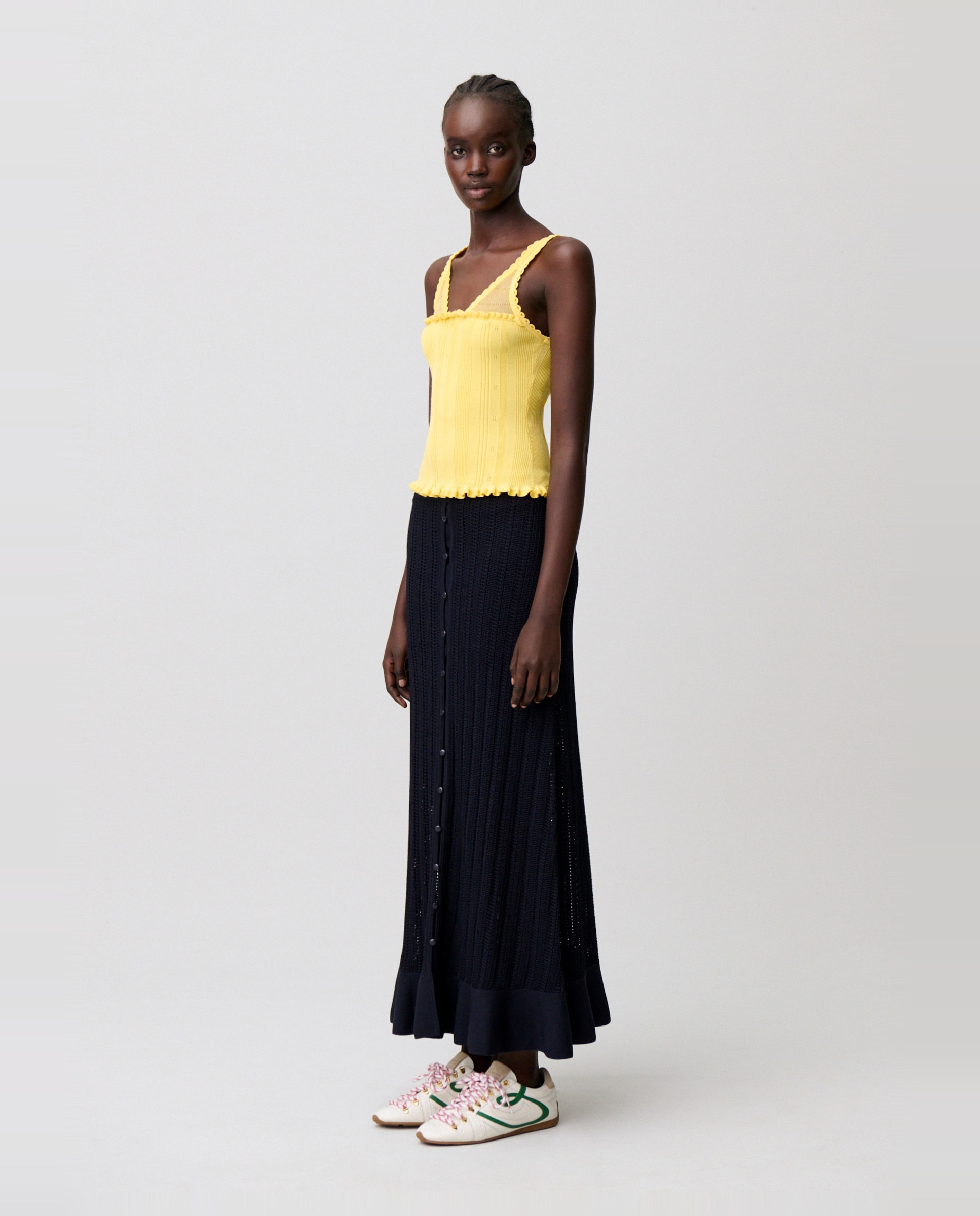 Top de punto de mujer con cuello v, volantes y calados - Claudie Pierlot - Amarillo Amarillo-3