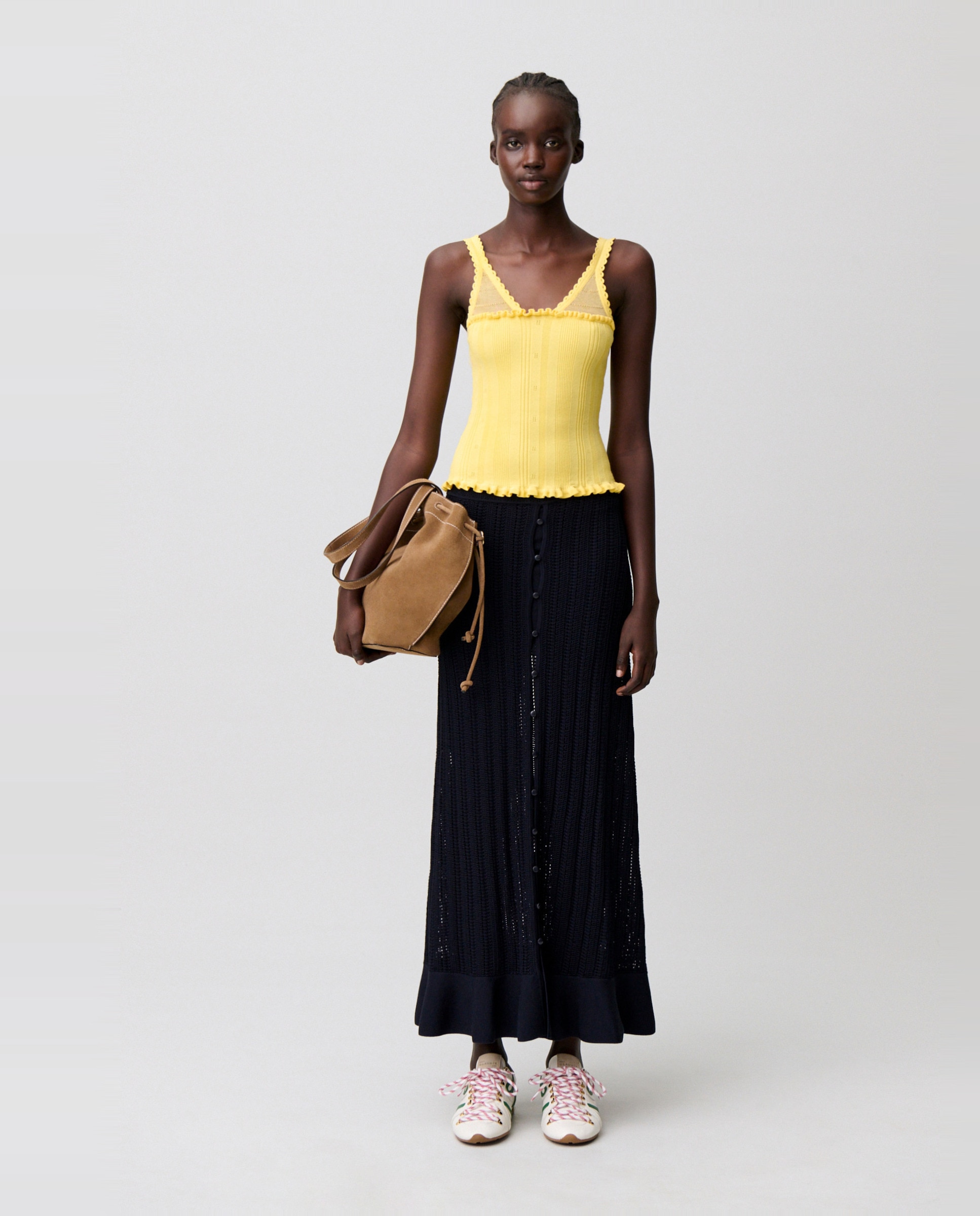 Top de punto de mujer con cuello v, volantes y calados - Claudie Pierlot - Amarillo Amarillo-4