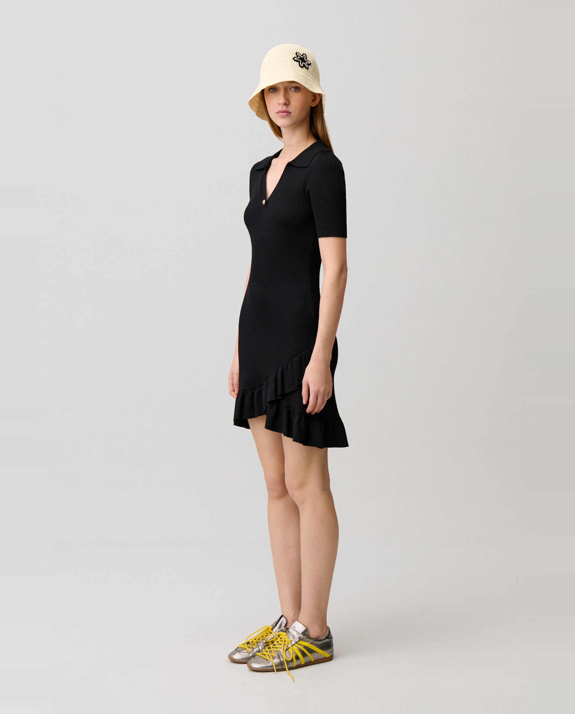 Vestido corto de canalé fino con cuello camisero - Claudie Pierlot - Negro Negro-2