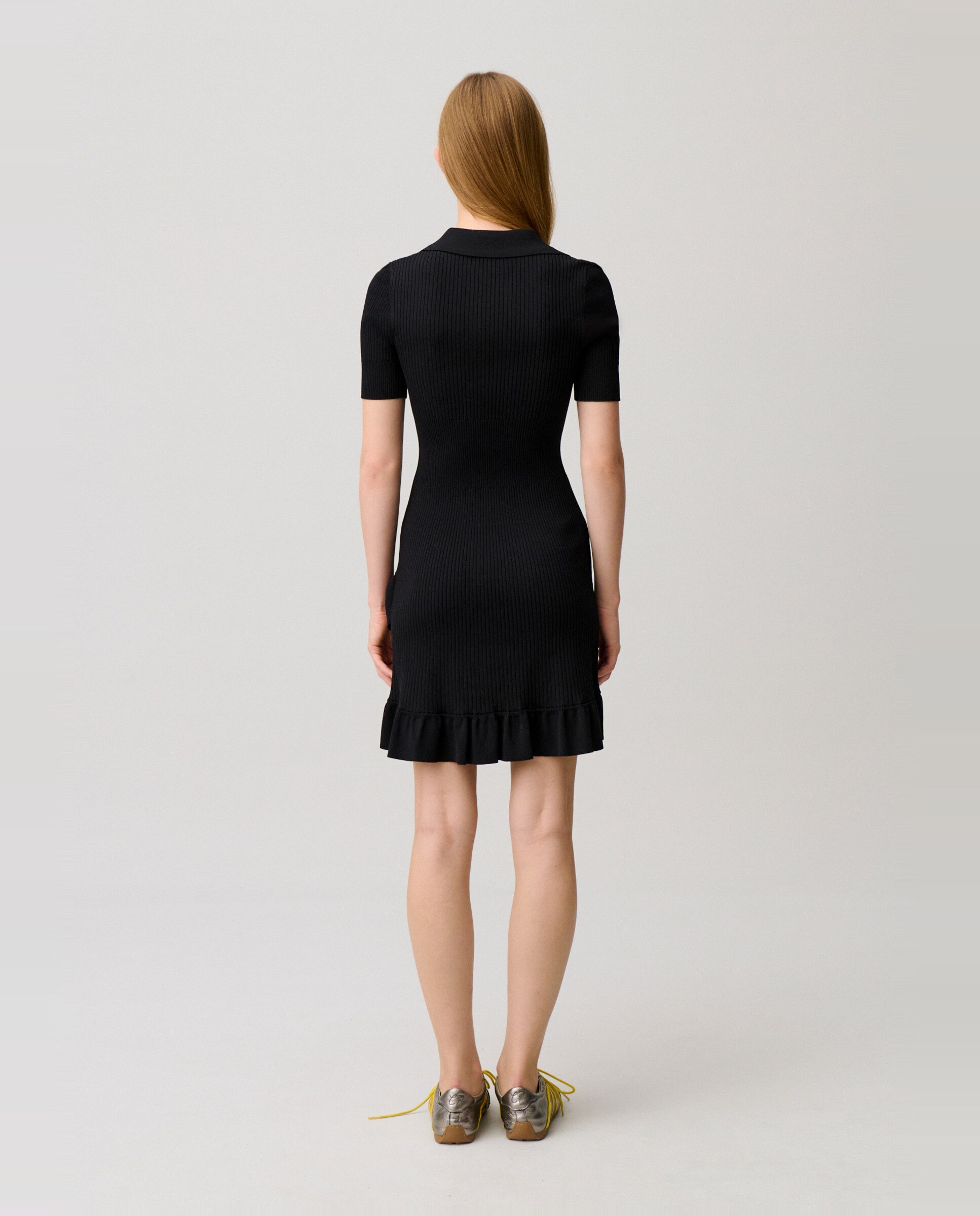 Vestido corto de canalé fino con cuello camisero - Claudie Pierlot - Negro Negro-3
