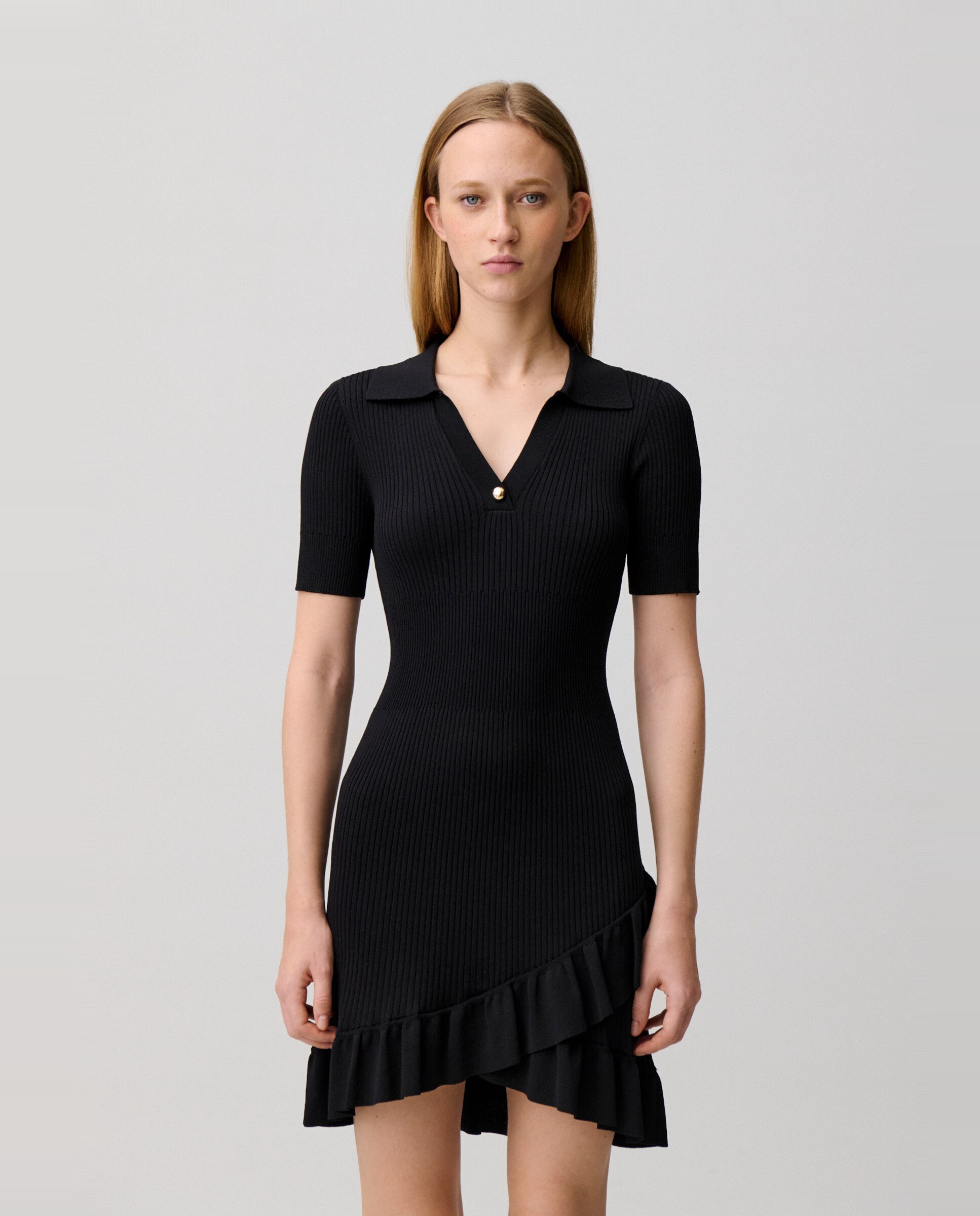 Vestido corto de canalé fino con cuello camisero - Claudie Pierlot - Negro Negro-4