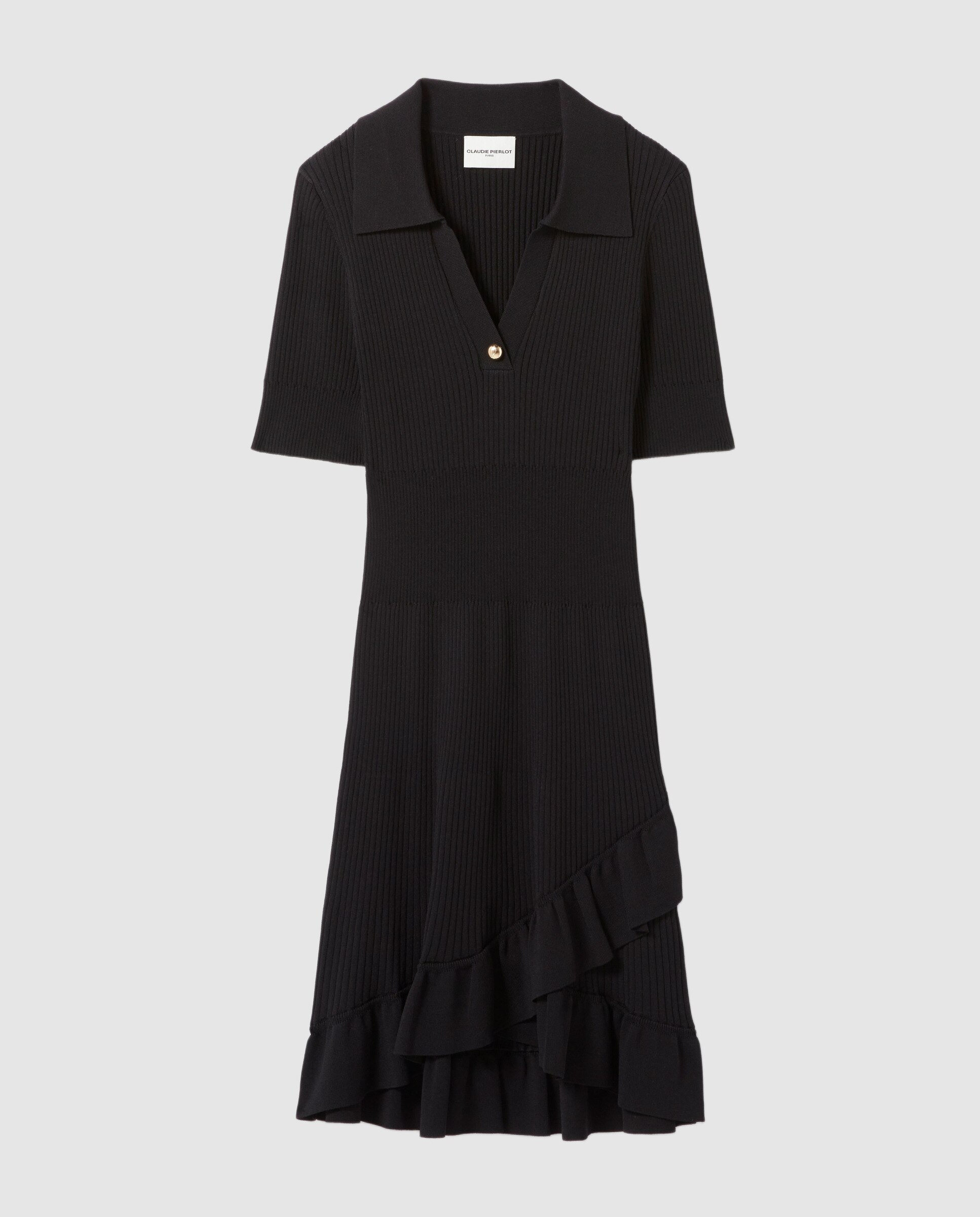 Vestido corto de canalé fino con cuello camisero - Claudie Pierlot - Negro Negro-6