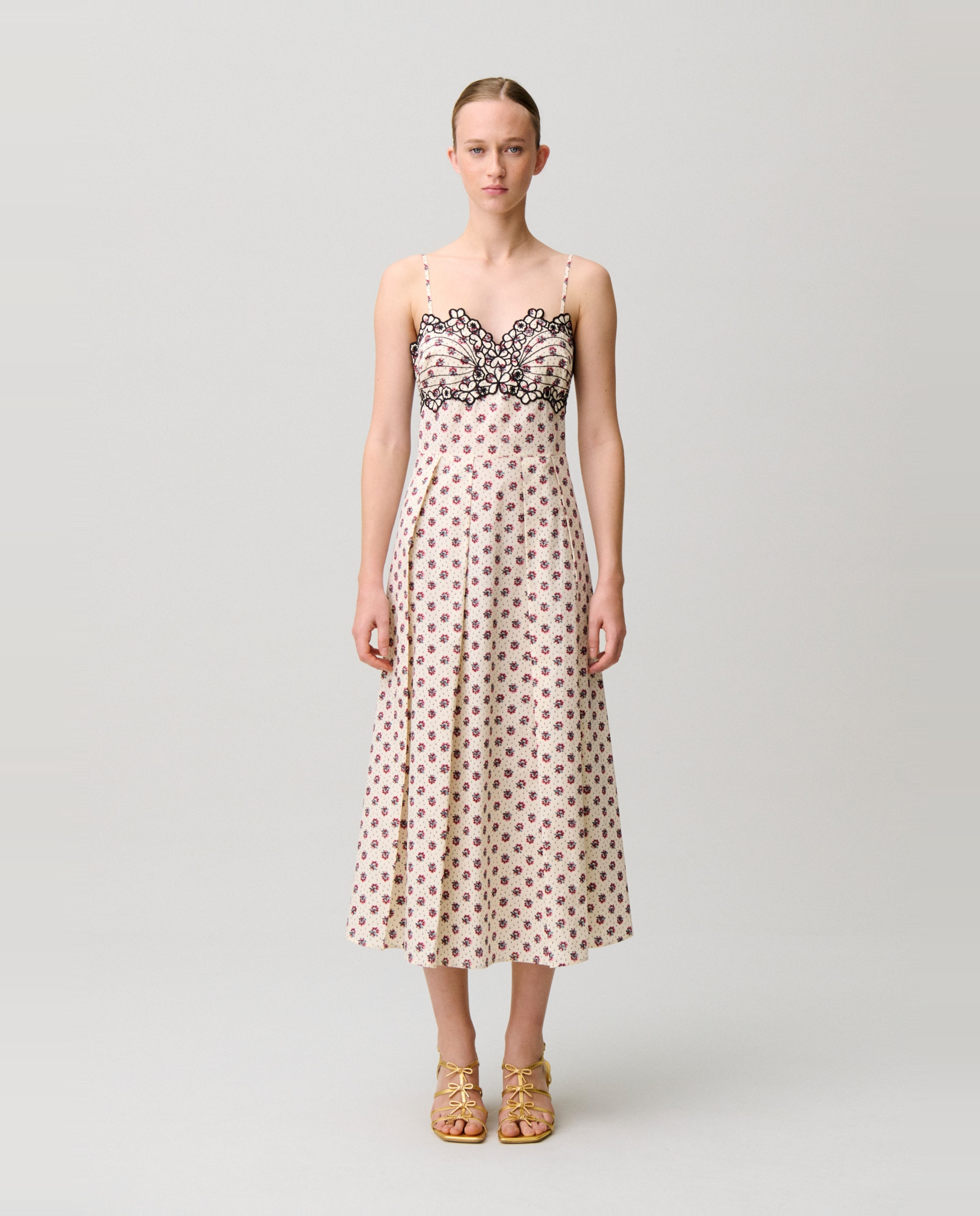 Claudie Pierlot - Vestido midi de algodón con bordados y tirantes finos.