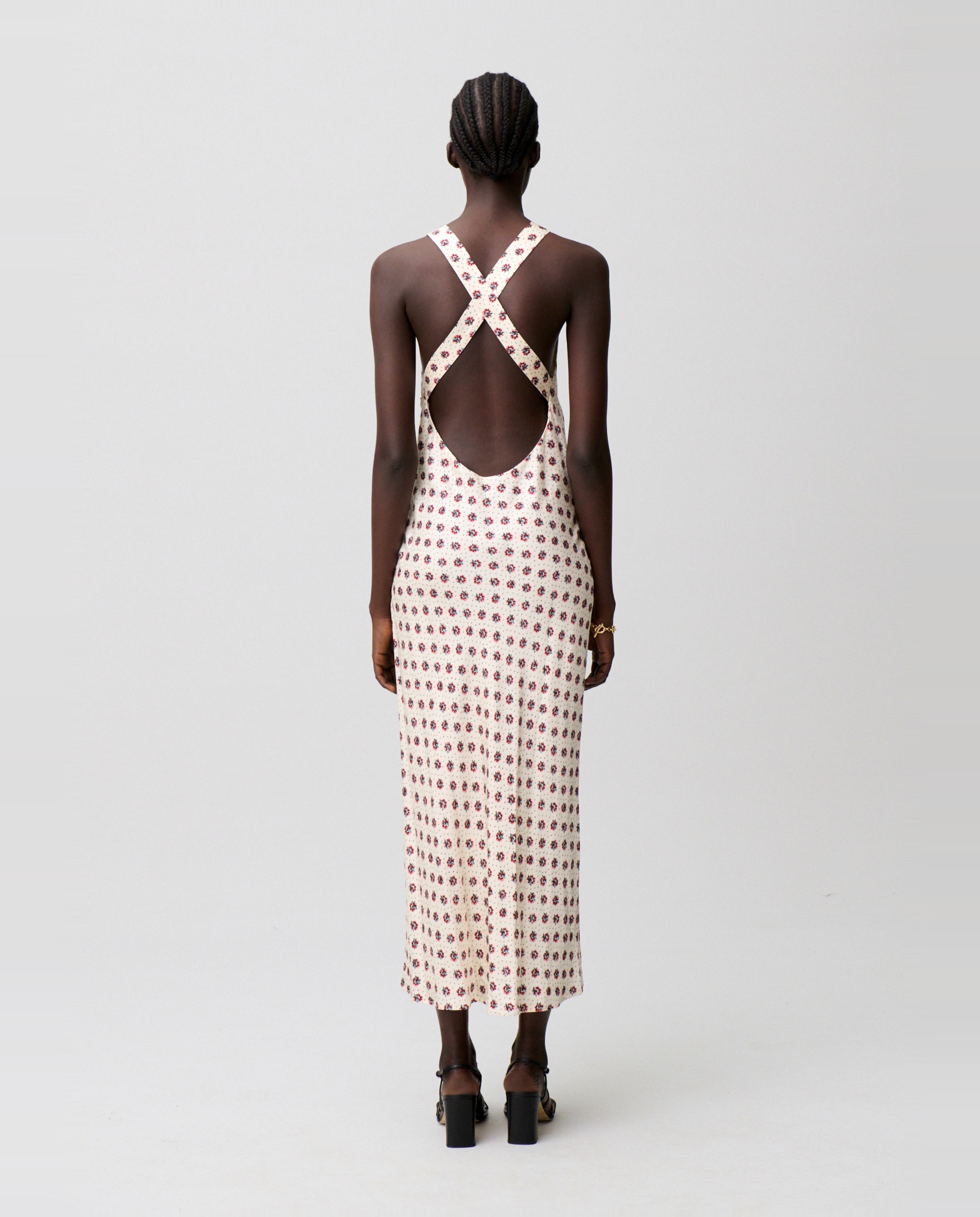 Vestido largo de satén estampado con espalda descubierta - Claudie Pierlot - Blanco Blanco-3