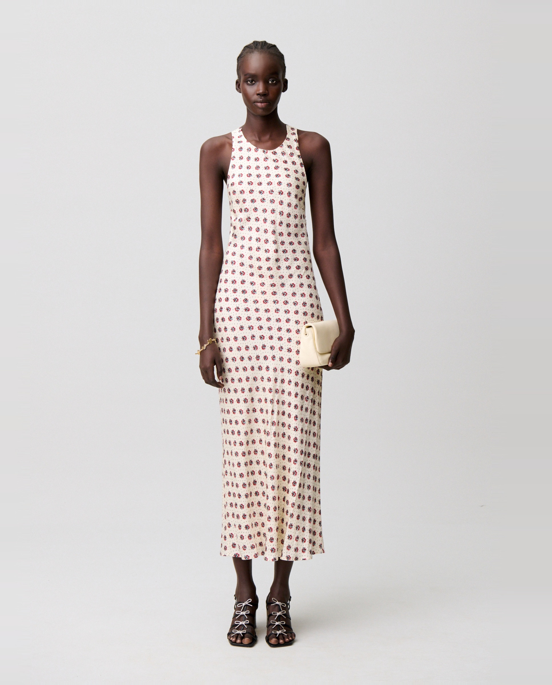 Vestido largo de satén estampado con espalda descubierta - Claudie Pierlot - Blanco Blanco-4