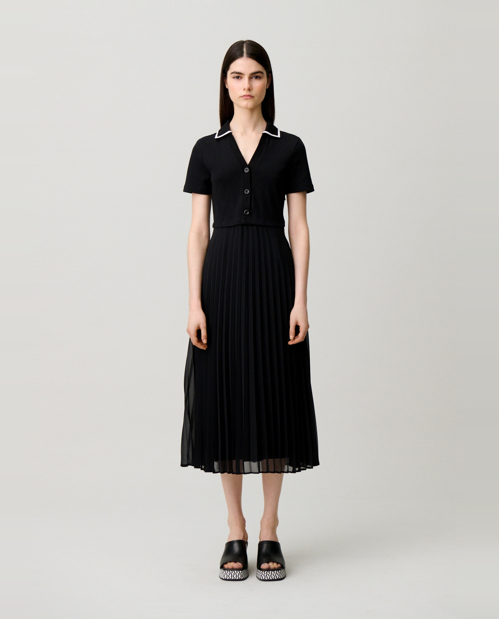 Claudie Pierlot - Vestido midi fluido bimaterial trampantojo.