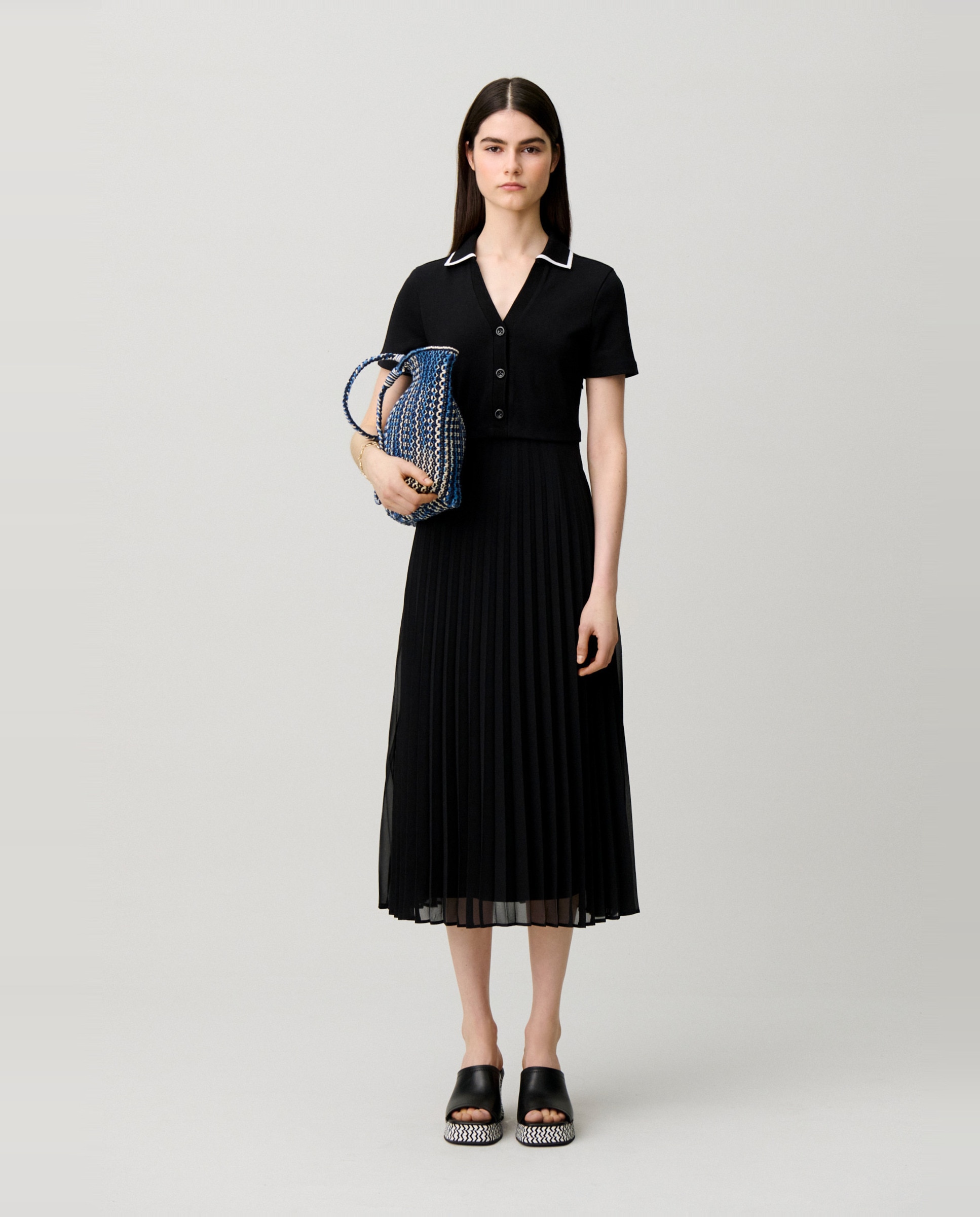 Vestido midi fluido bimaterial trampantojo - Claudie Pierlot - Negro Negro-5