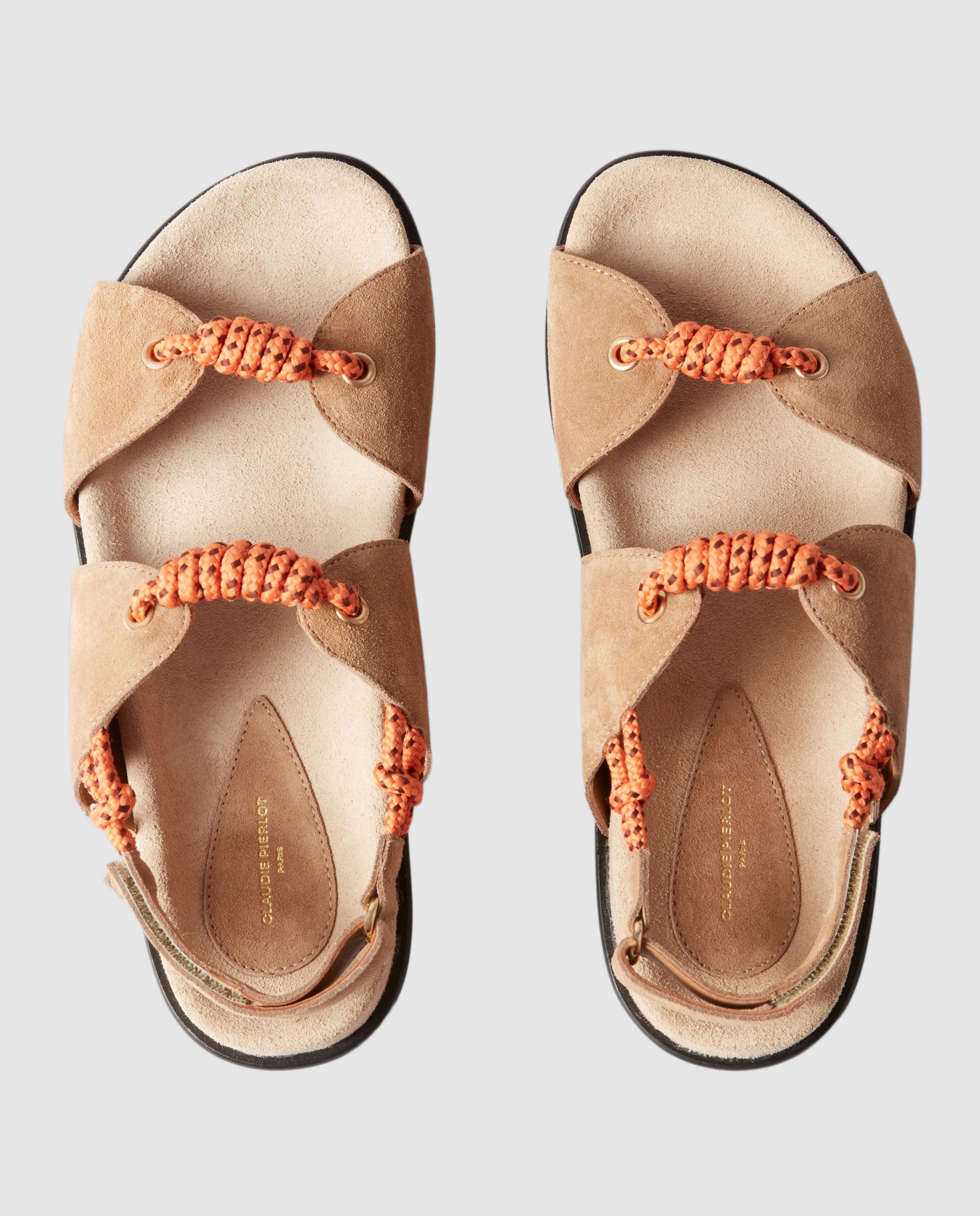 Sandalias con tiras planas de mujer de ante con cordones trenzados - Claudie Pierlot - Camel Camel-3