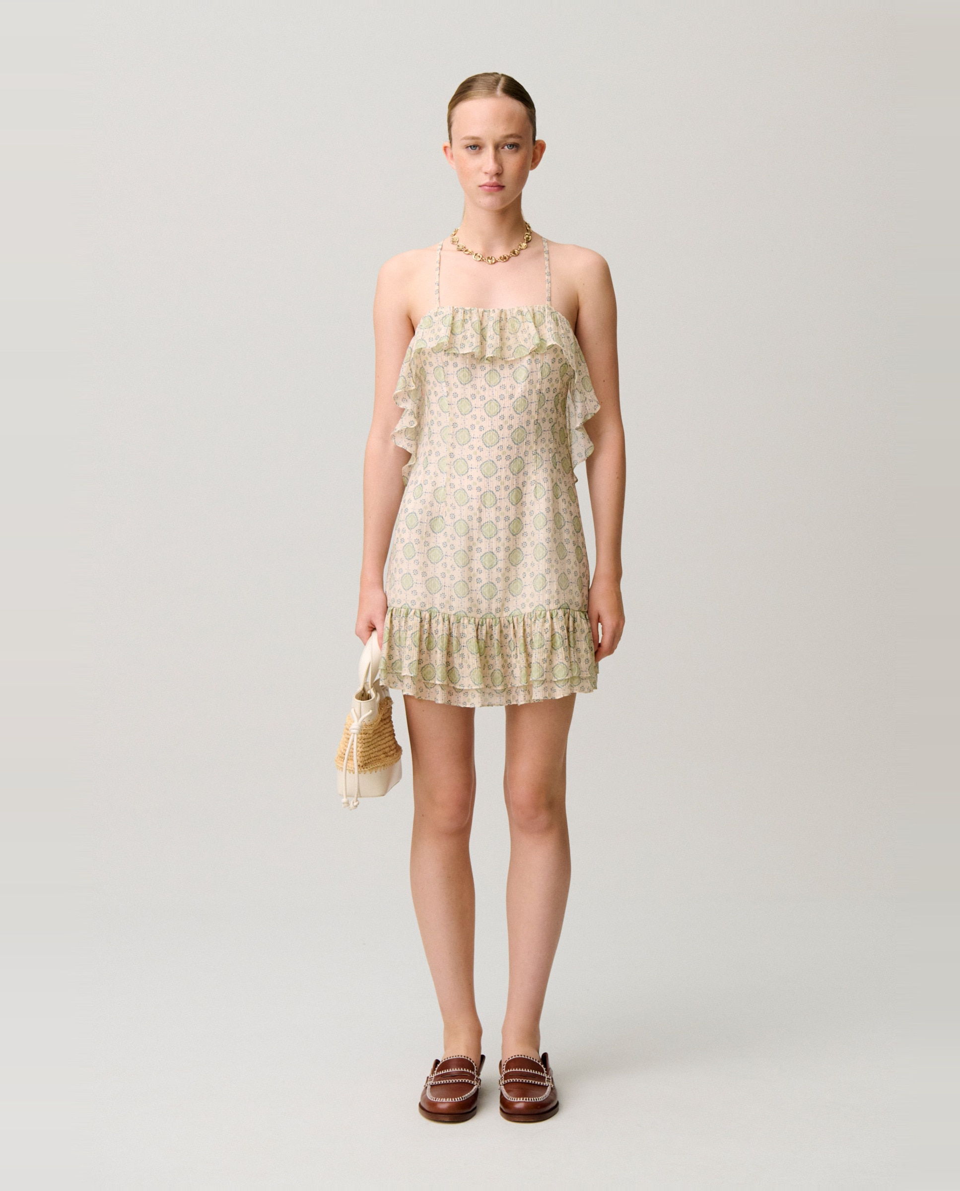 Claudie Pierlot - Vestido corto estampado con cuello cuadrado y volantes.