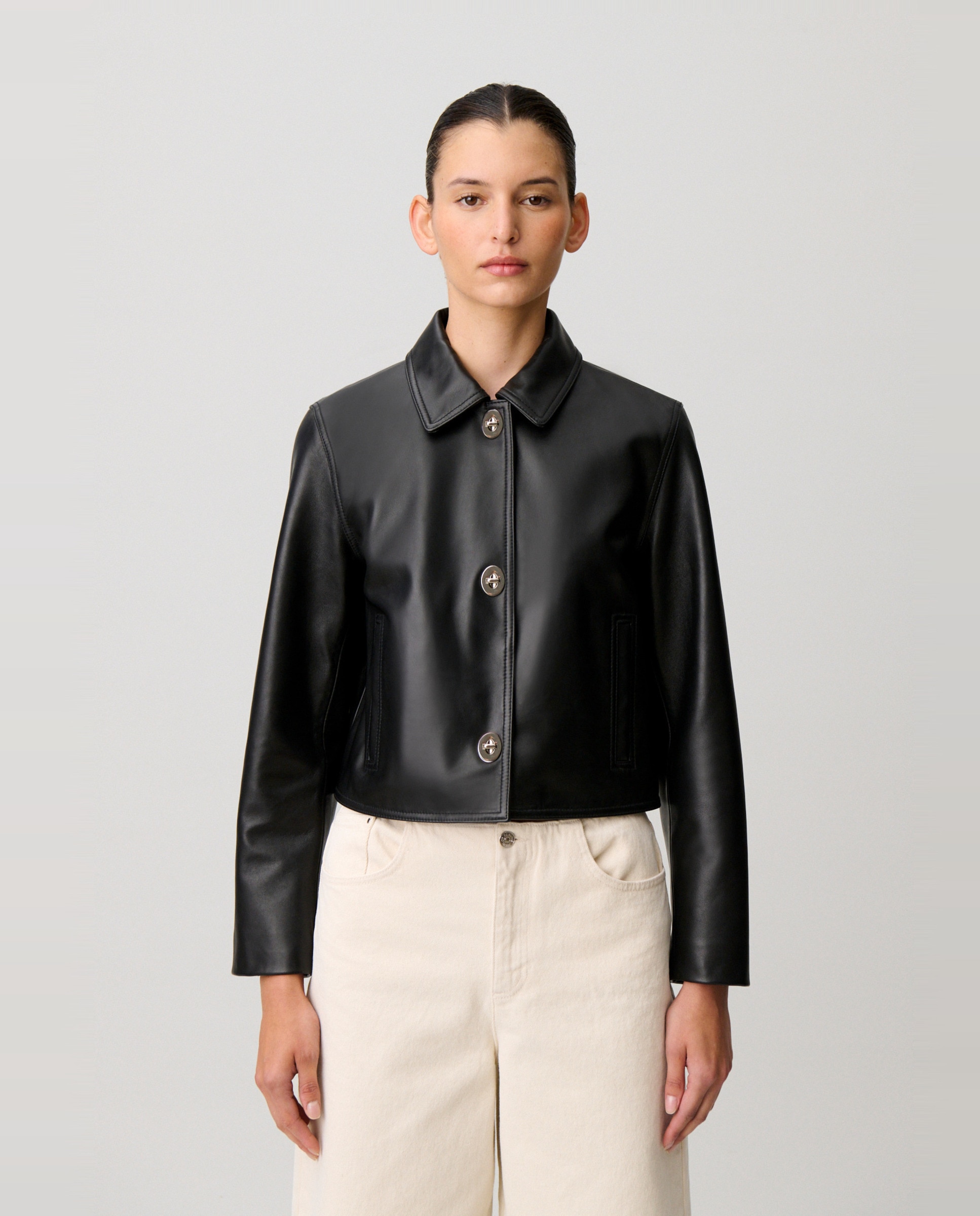 Cazadora de mujer recta de cuero - Claudie Pierlot - Negro Negro-1