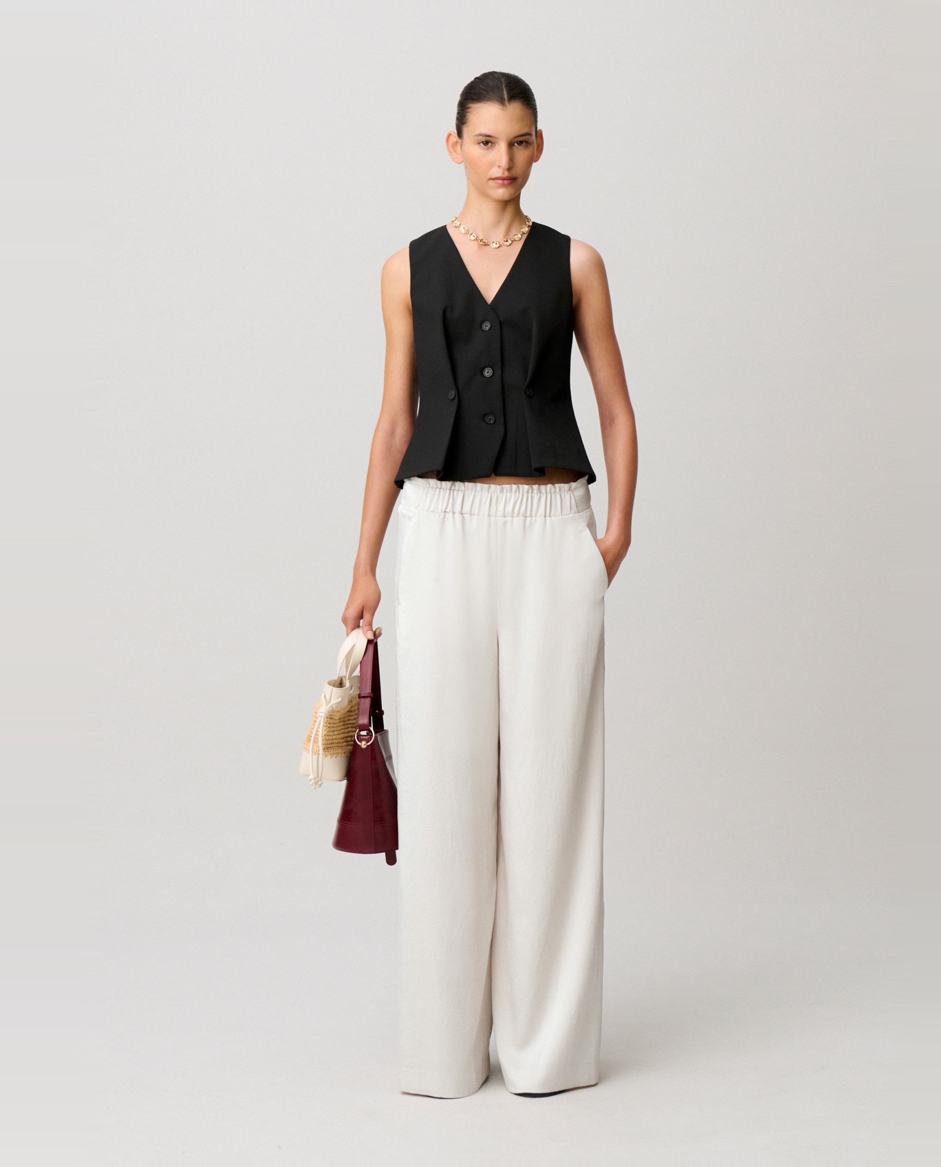 Pantalones anchos de mujer fluidos satinados - Claudie Pierlot - Blanco Blanco-1
