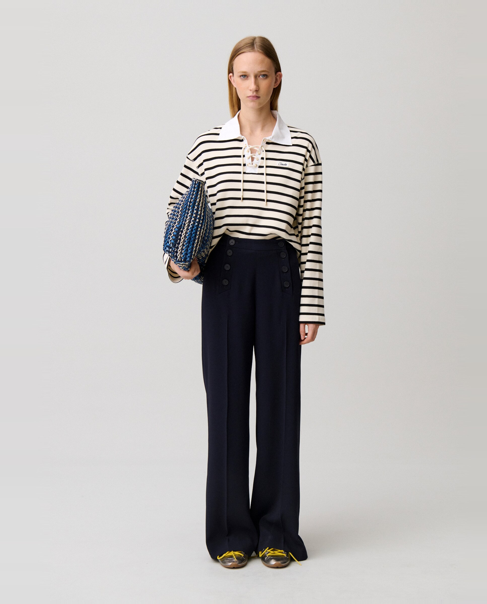 Pantalones anchos de mujer estilo puente con pliegues - Claudie Pierlot - Azul marino Azul marino-1