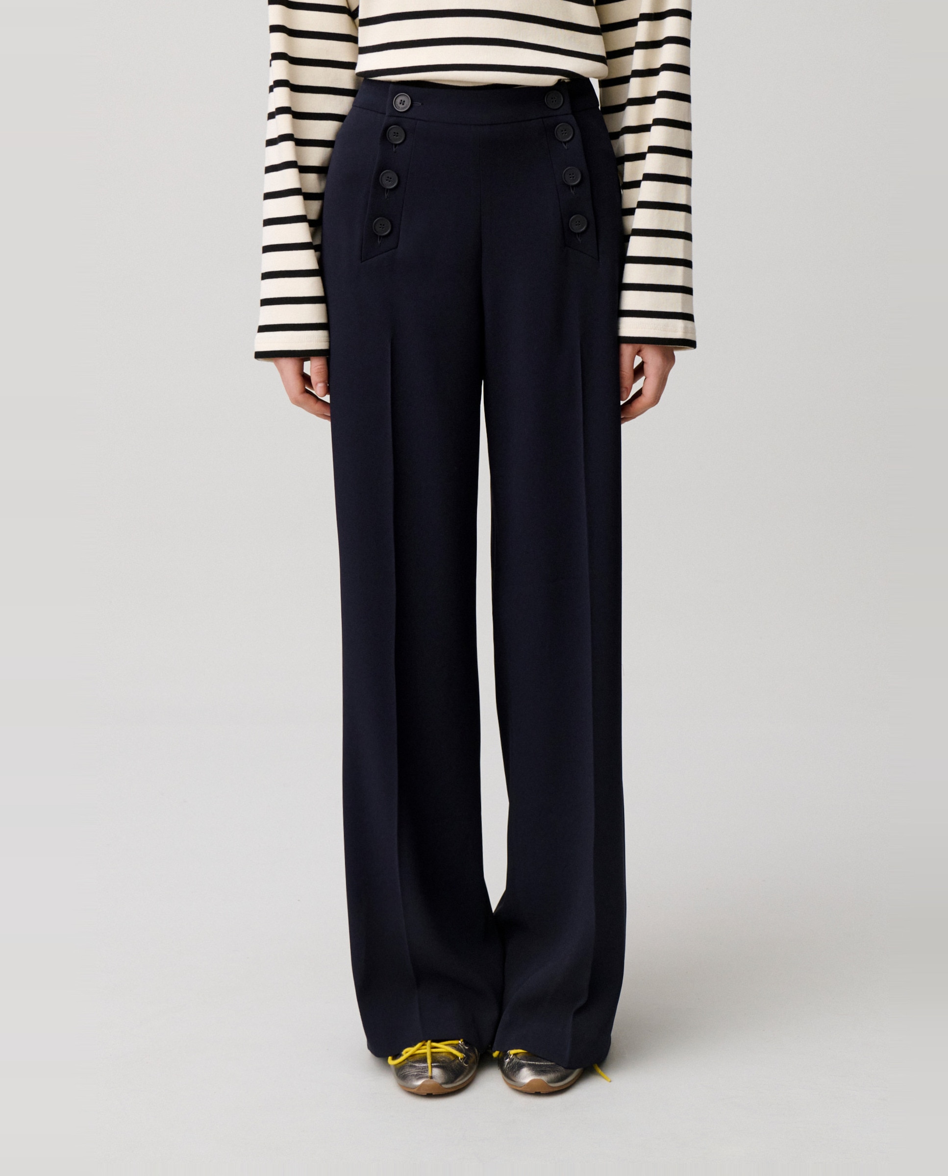 Pantalones anchos de mujer estilo puente con pliegues - Claudie Pierlot - Azul marino Azul marino-2