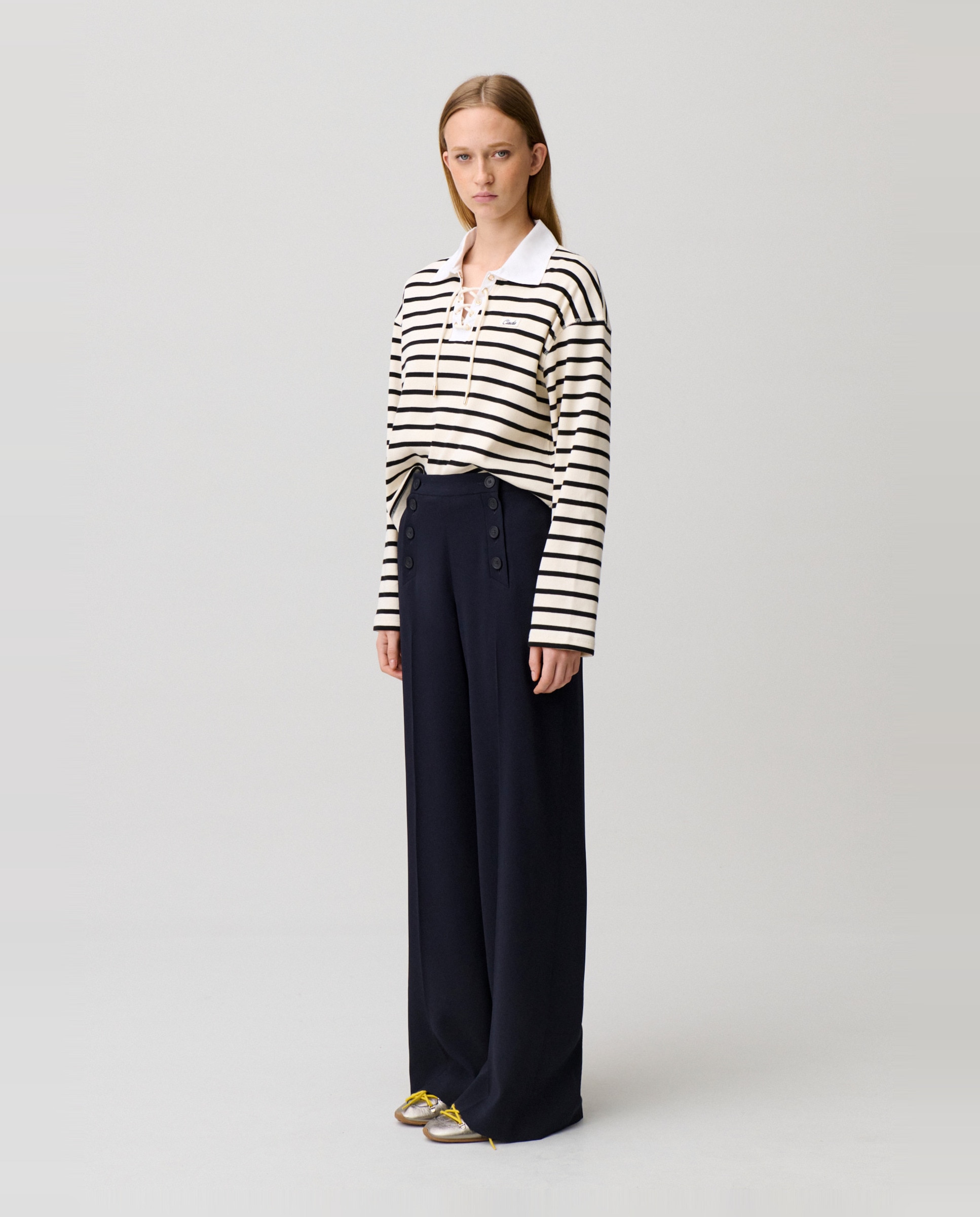 Pantalones anchos de mujer estilo puente con pliegues - Claudie Pierlot - Azul marino Azul marino-4