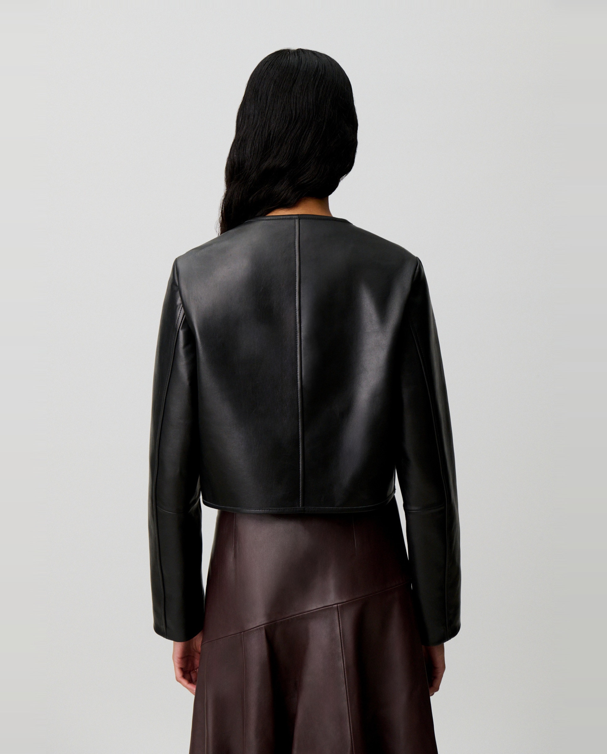 Cazadora de mujer de piel tipo caja con cuello redondo - Claudie Pierlot - Negro Negro-2