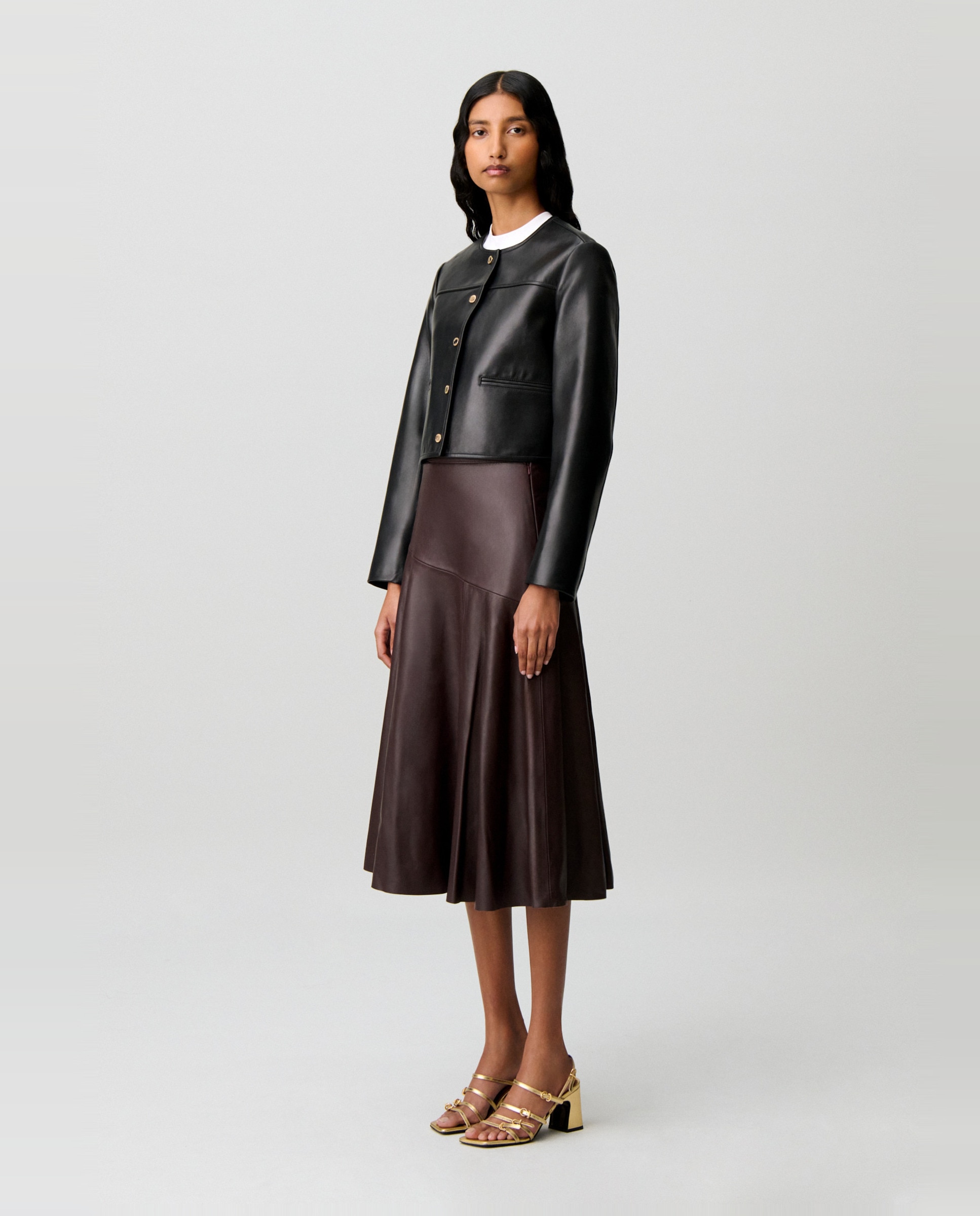 Cazadora de mujer de piel tipo caja con cuello redondo - Claudie Pierlot - Negro Negro-3