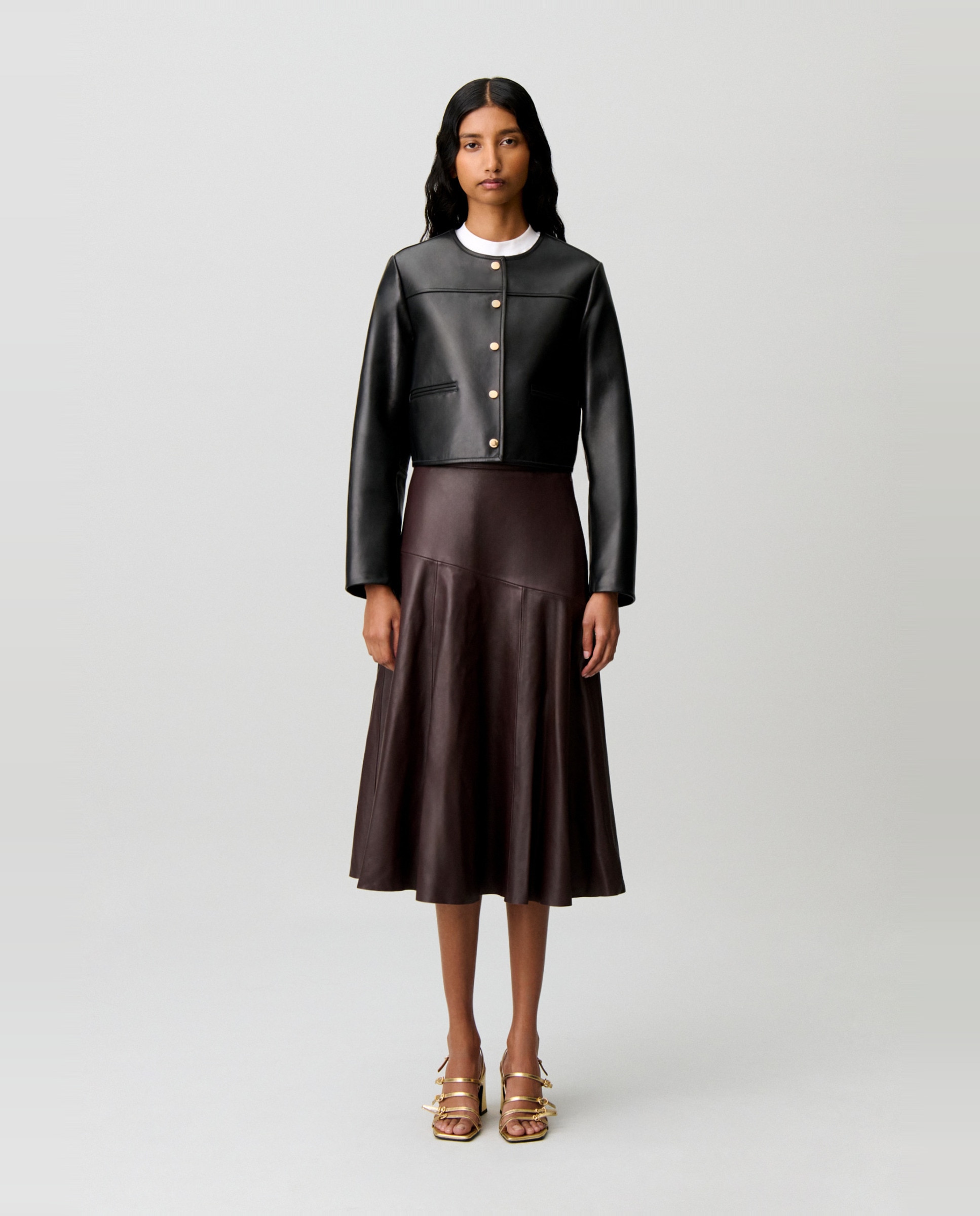 Cazadora de mujer de piel tipo caja con cuello redondo - Claudie Pierlot - Negro Negro-4