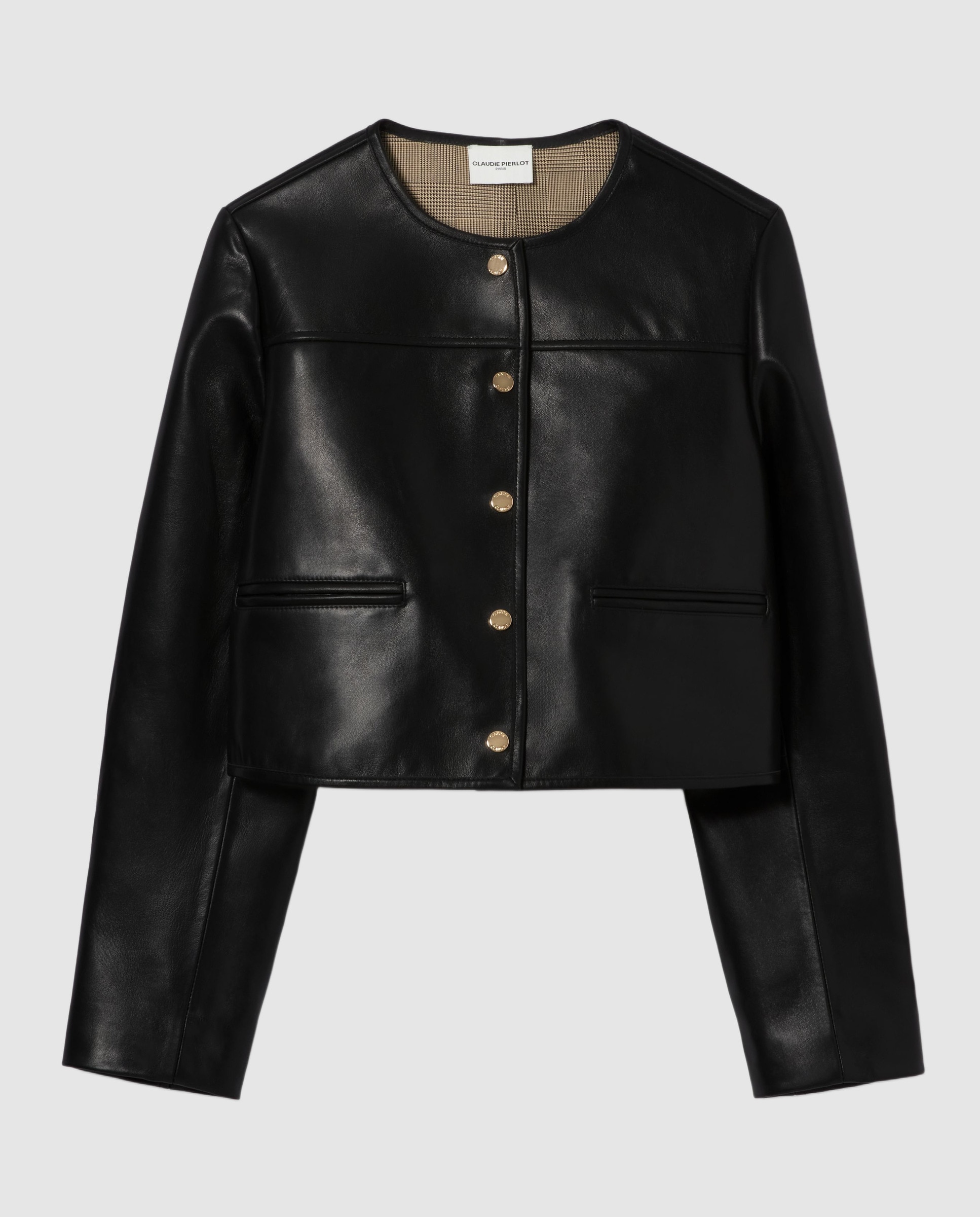 Cazadora de mujer de piel tipo caja con cuello redondo - Claudie Pierlot - Negro Negro-5