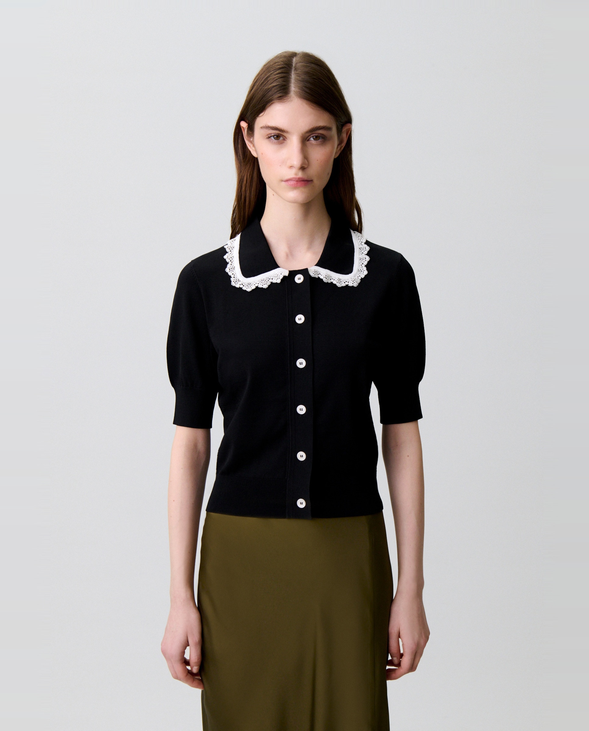 Cárdigan de punto de mujer con encaje, manga corta y cuello camisero - Claudie Pierlot - Multicolor Multicolor-1