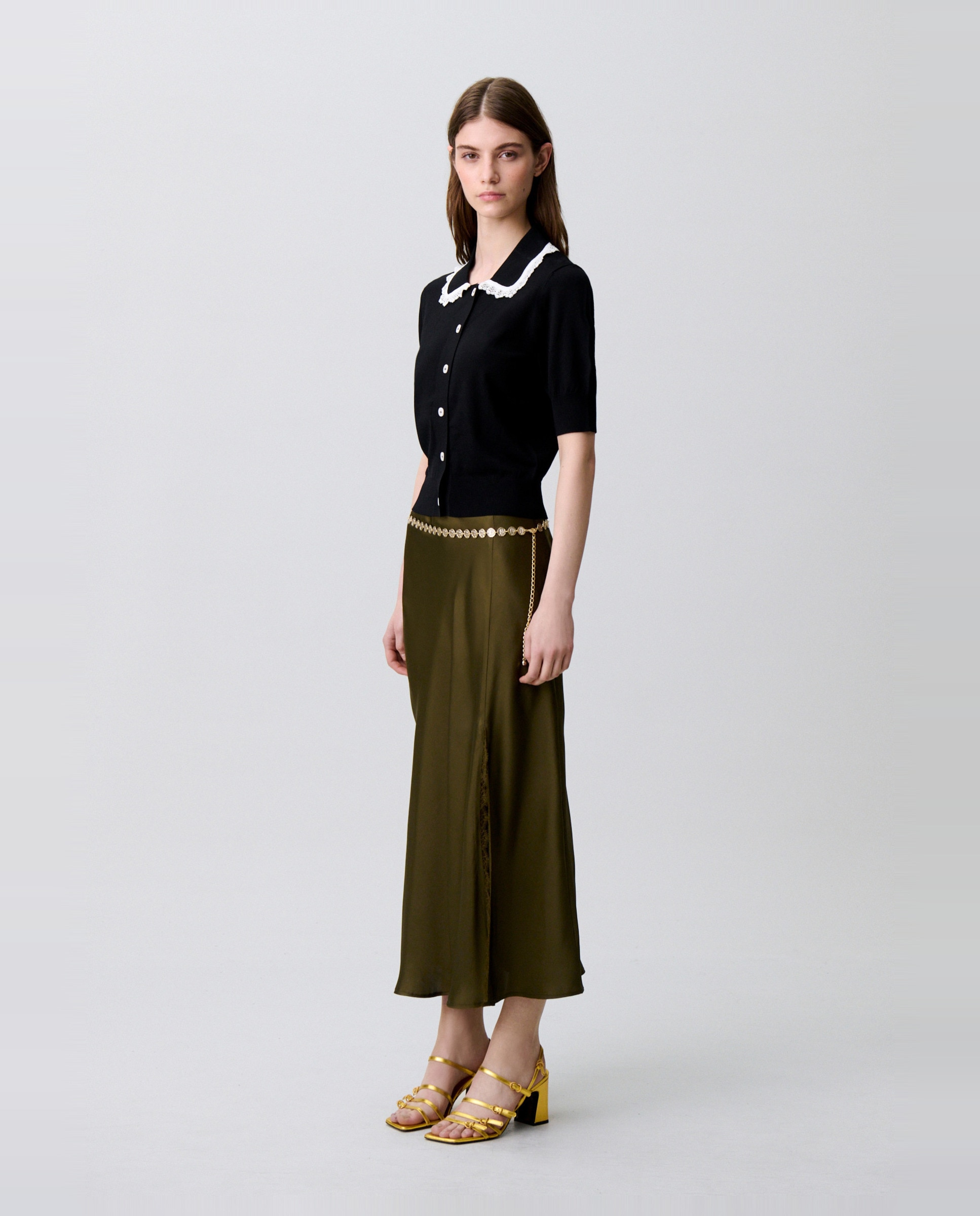 Cárdigan de punto de mujer con encaje, manga corta y cuello camisero - Claudie Pierlot - Multicolor Multicolor-3