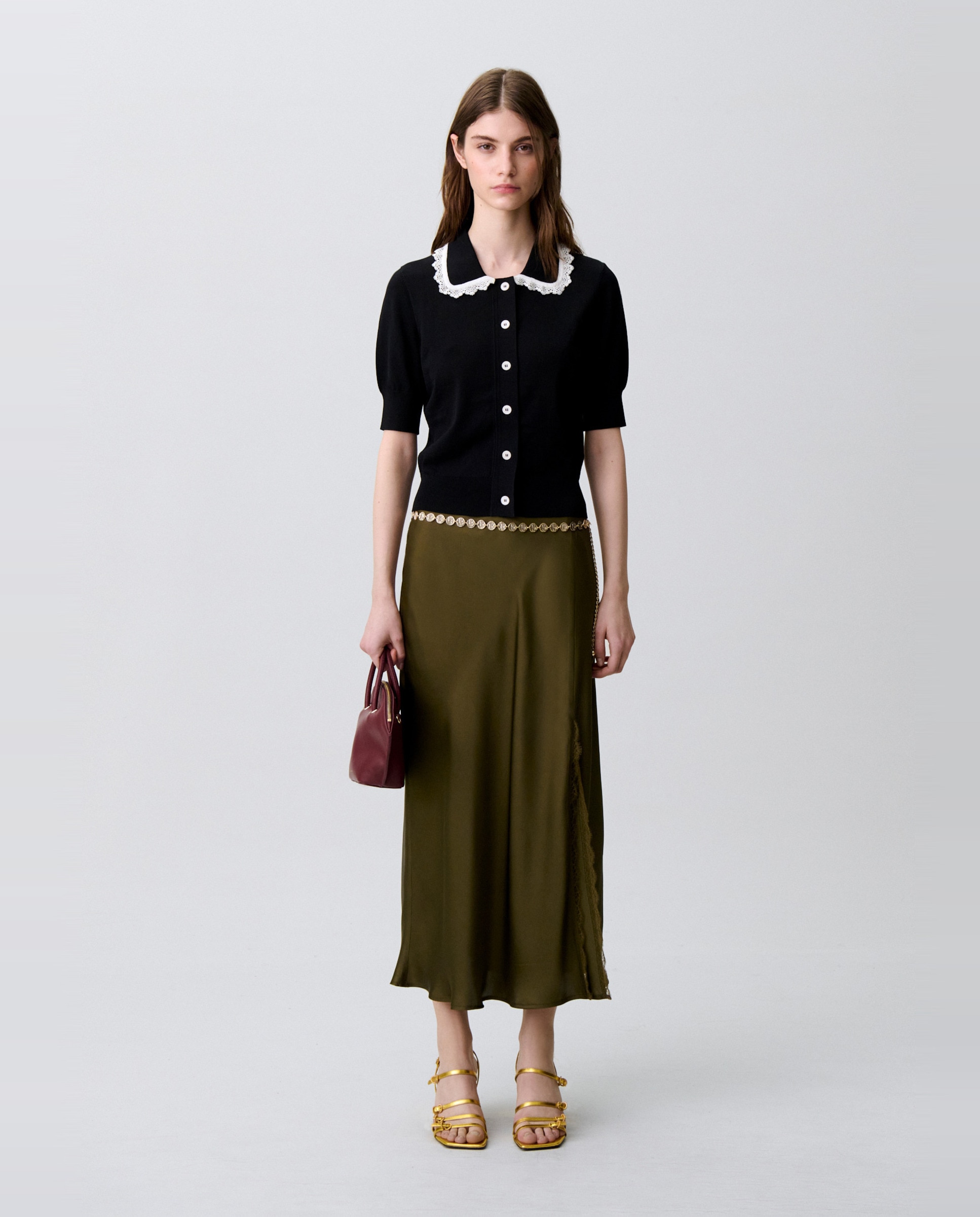 Cárdigan de punto de mujer con encaje, manga corta y cuello camisero - Claudie Pierlot - Multicolor Multicolor-4