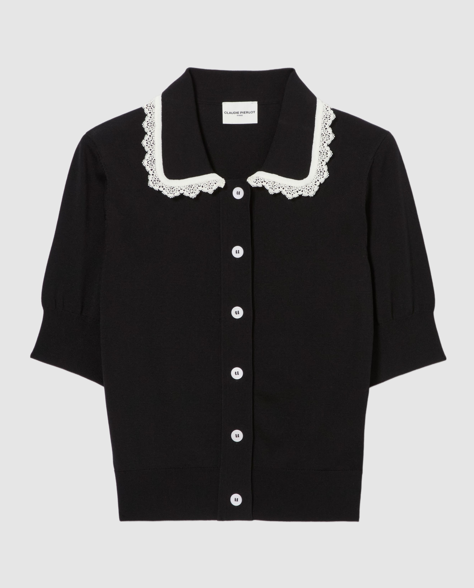Cárdigan de punto de mujer con encaje, manga corta y cuello camisero - Claudie Pierlot - Multicolor Multicolor-5