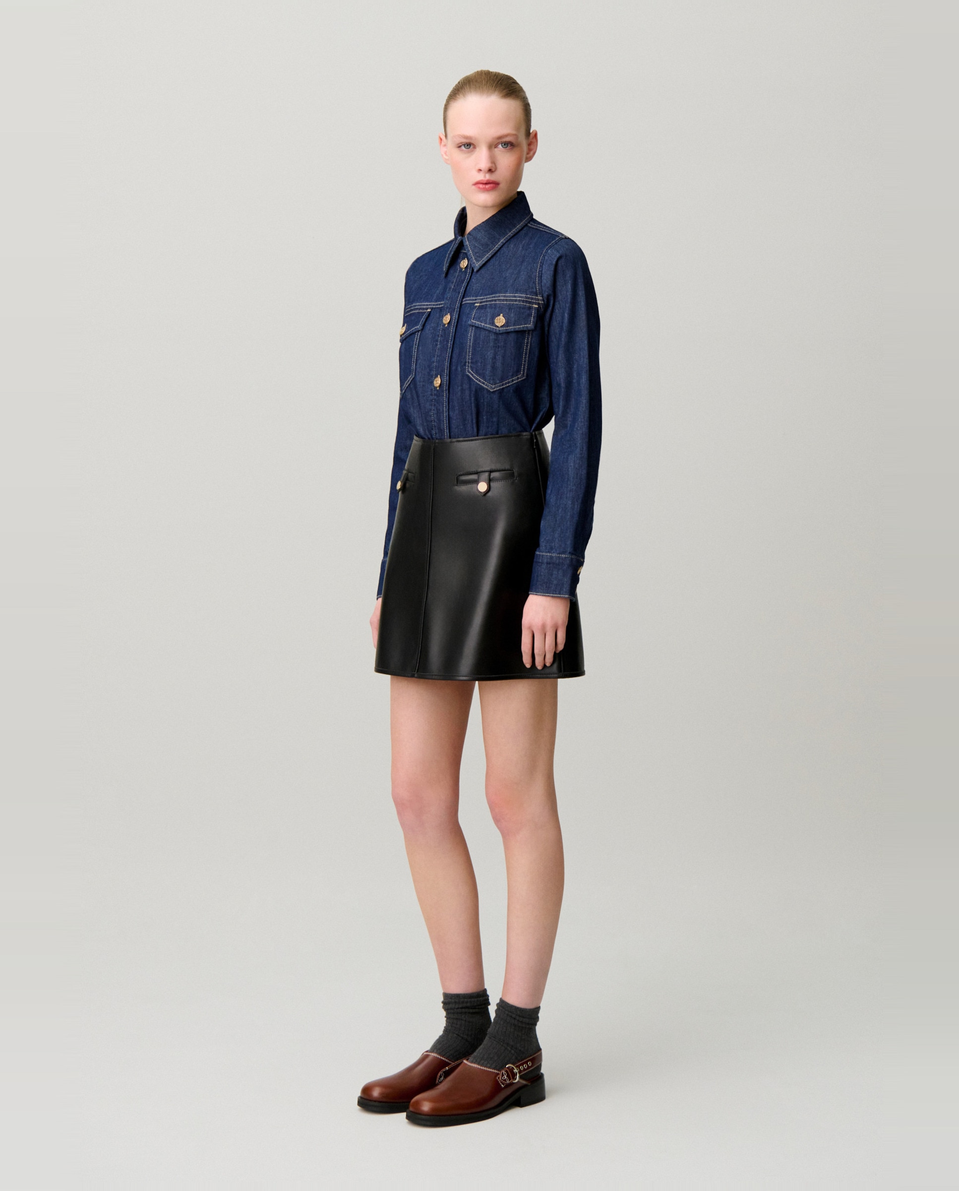 Camisa de mujer con manga larga en denim suave - Claudie Pierlot - Azul Azul-3