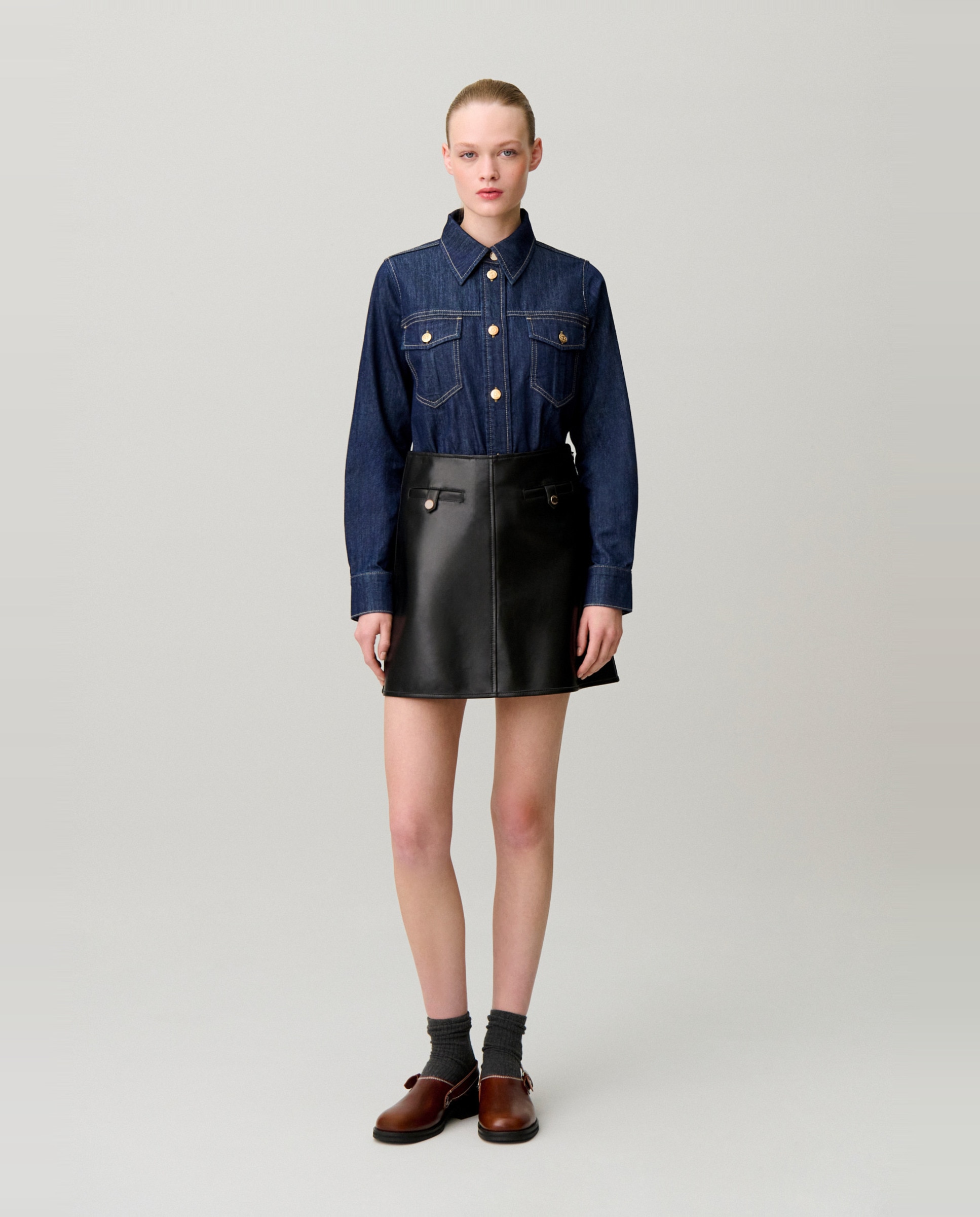 Camisa de mujer con manga larga en denim suave - Claudie Pierlot - Azul Azul-4