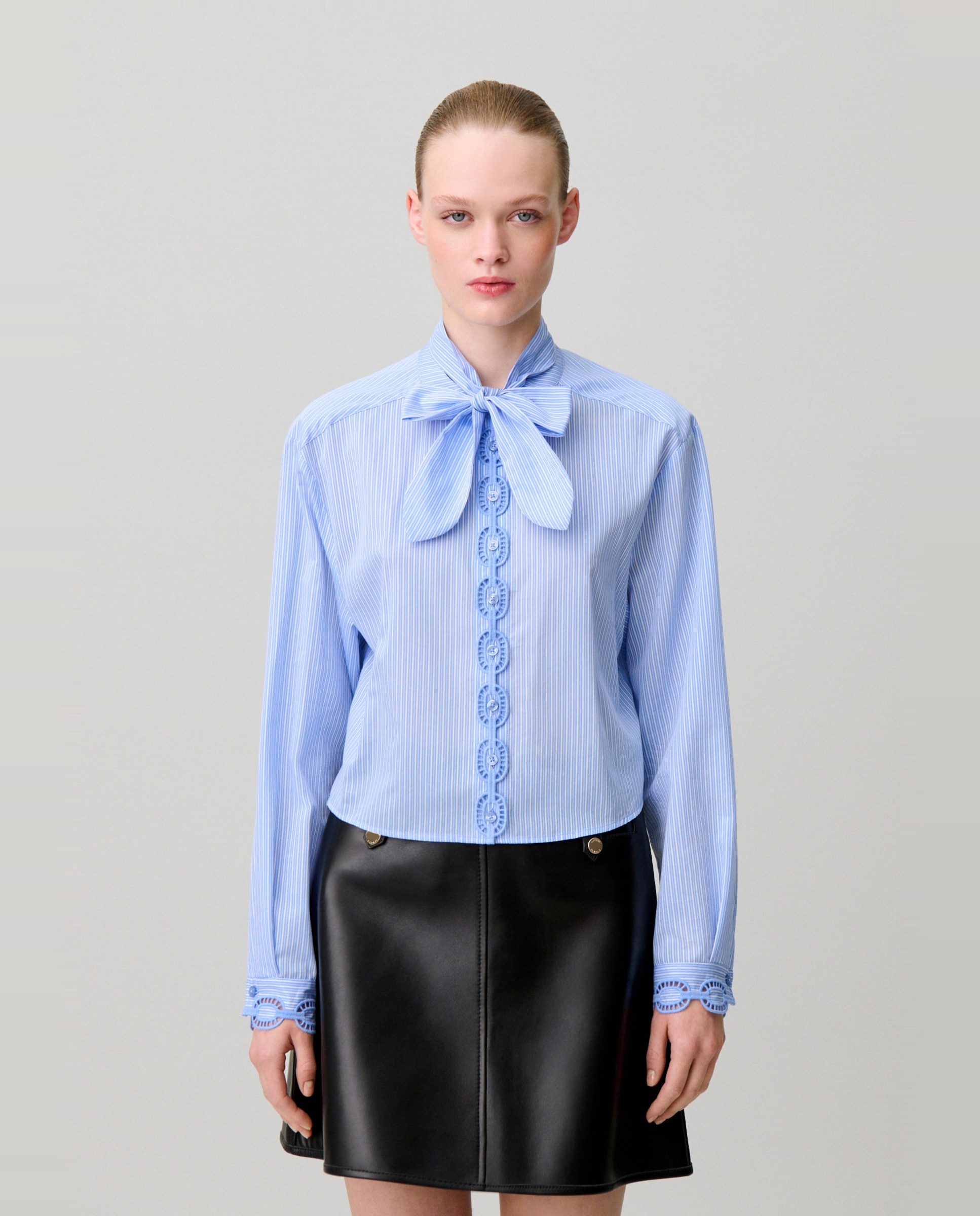 Camisa de mujer de popelín a rayas con cuello mao y bordados - Claudie Pierlot - Multicolor Multicolor-1