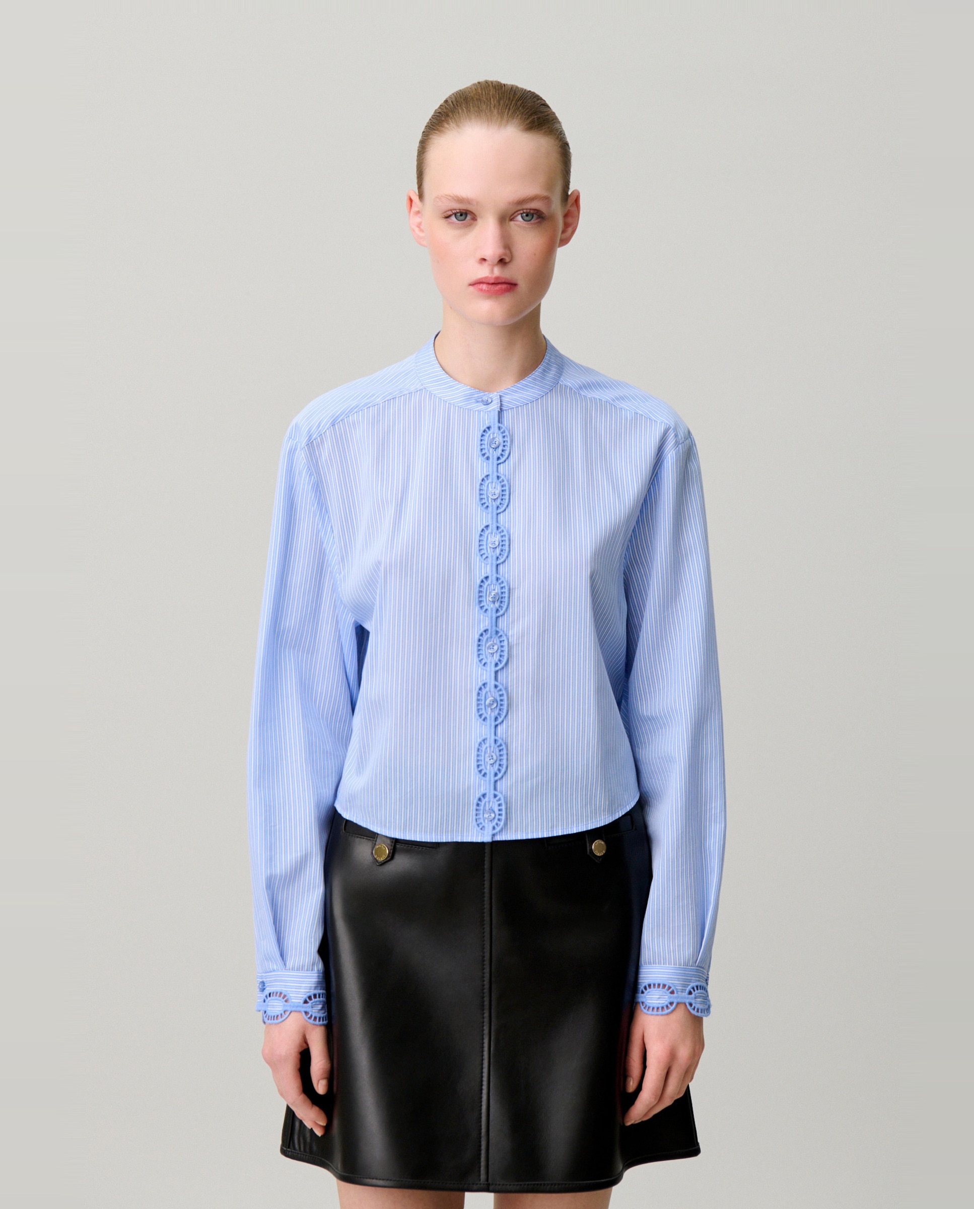 Camisa de mujer de popelín a rayas con cuello mao y bordados - Claudie Pierlot - Multicolor Multicolor-3