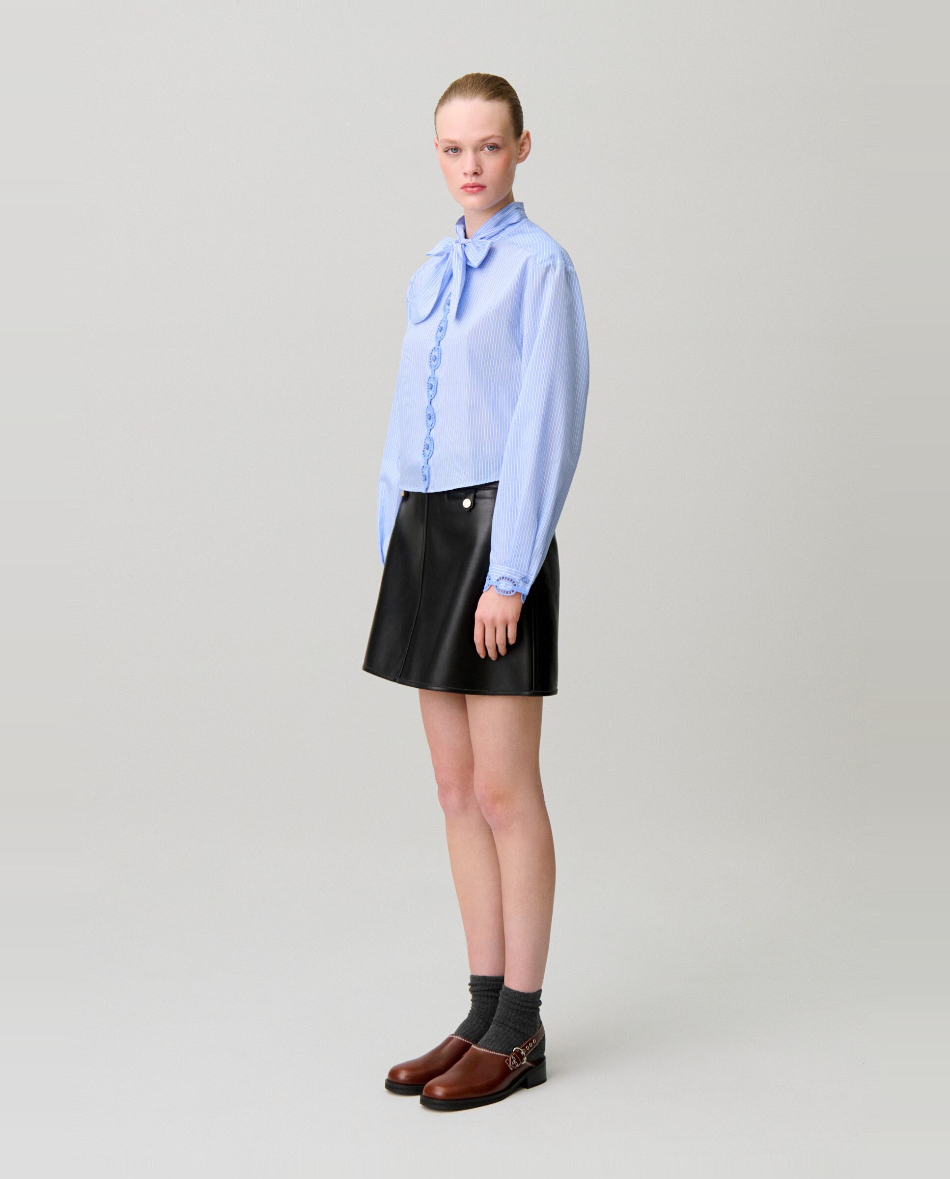Camisa de mujer de popelín a rayas con cuello mao y bordados - Claudie Pierlot - Multicolor Multicolor-4