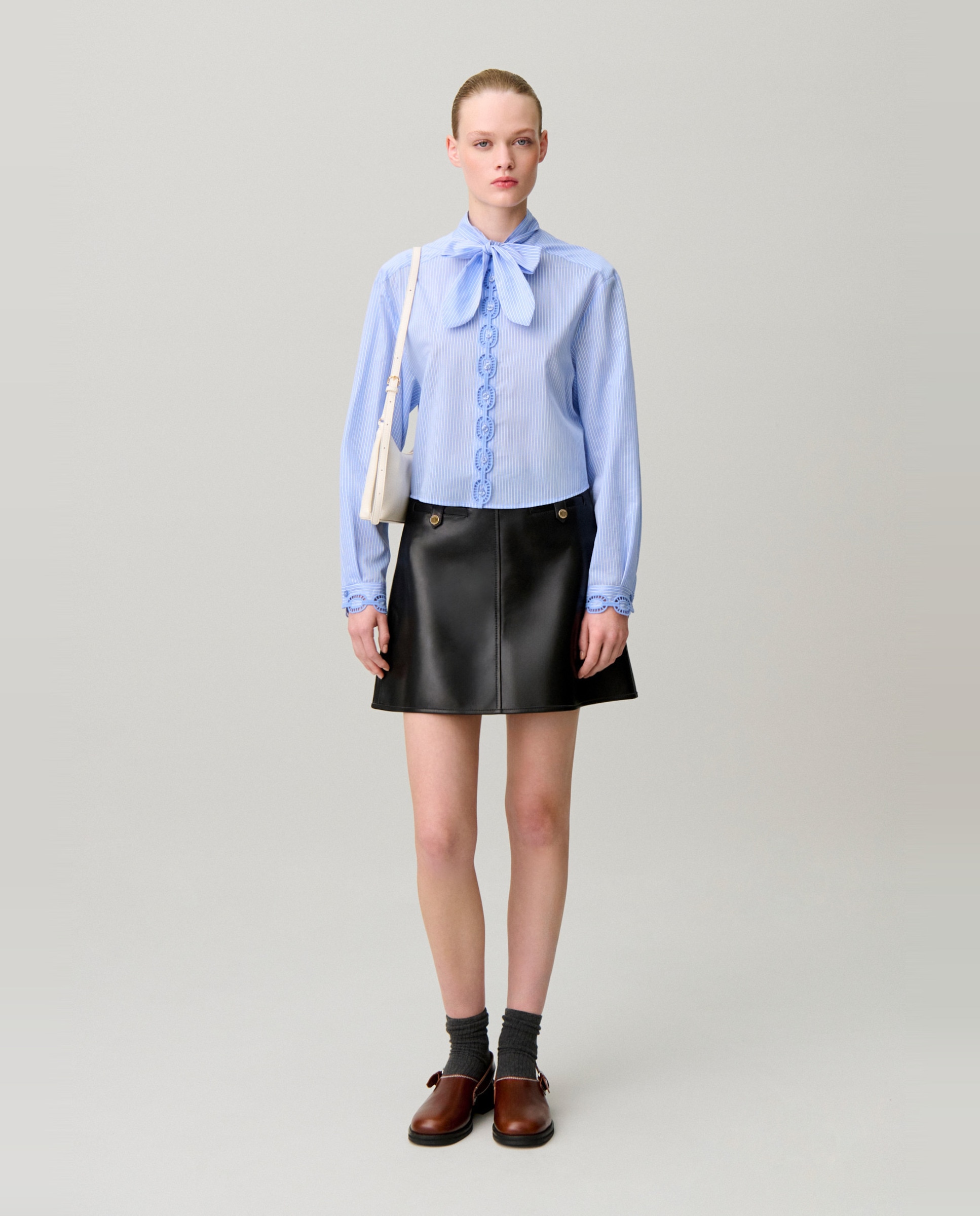 Camisa de mujer de popelín a rayas con cuello mao y bordados - Claudie Pierlot - Multicolor Multicolor-5