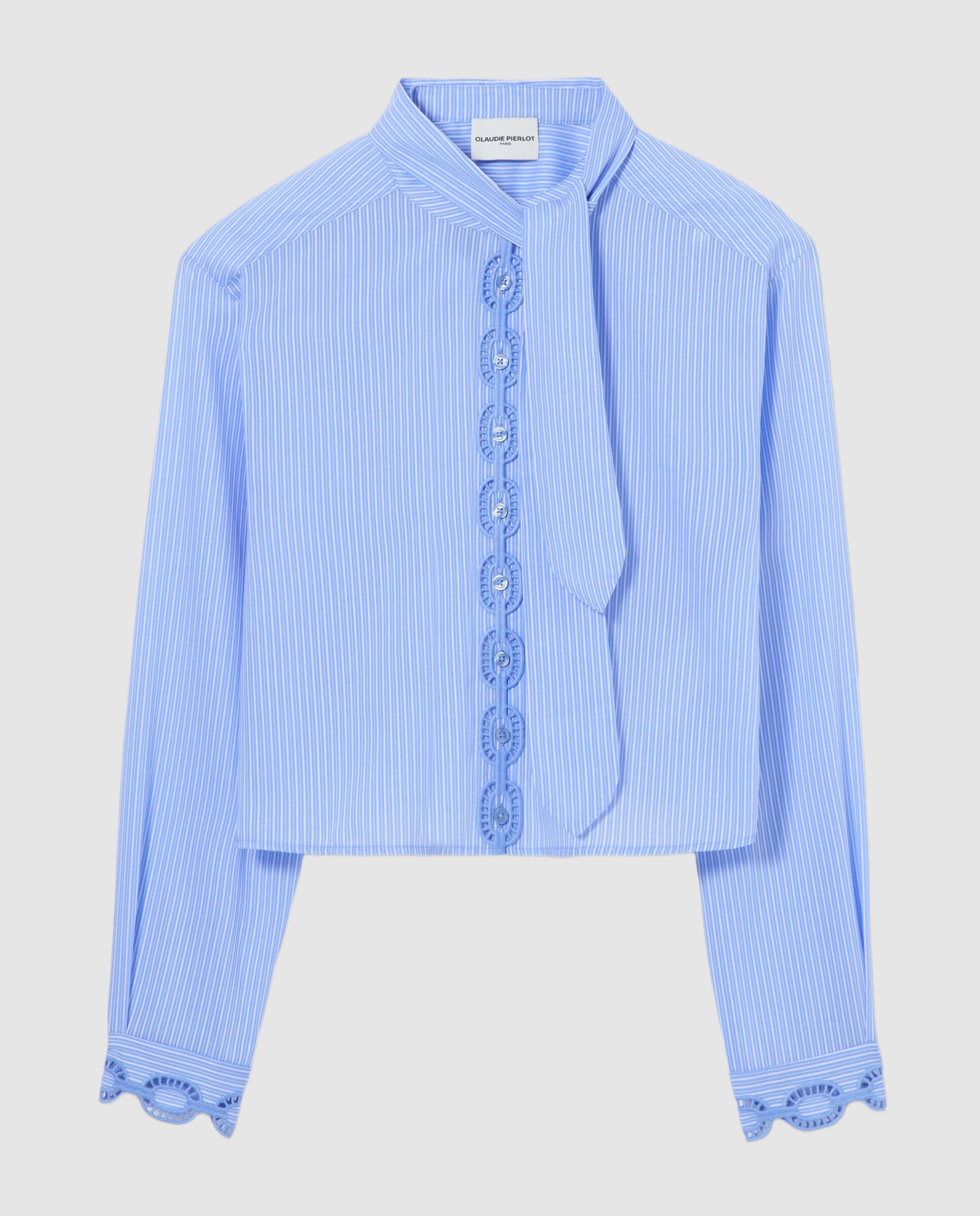 Camisa de mujer de popelín a rayas con cuello mao y bordados - Claudie Pierlot - Multicolor Multicolor-8