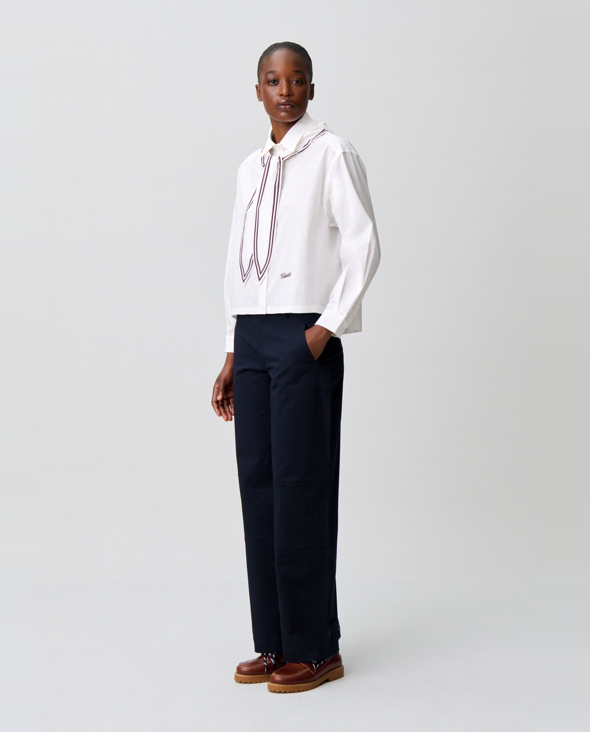 Camisa de mujer de popelín de algodón de manga larga holgada con pañuelo marinero - Claudie Pierlot - Blanco Blanco-3