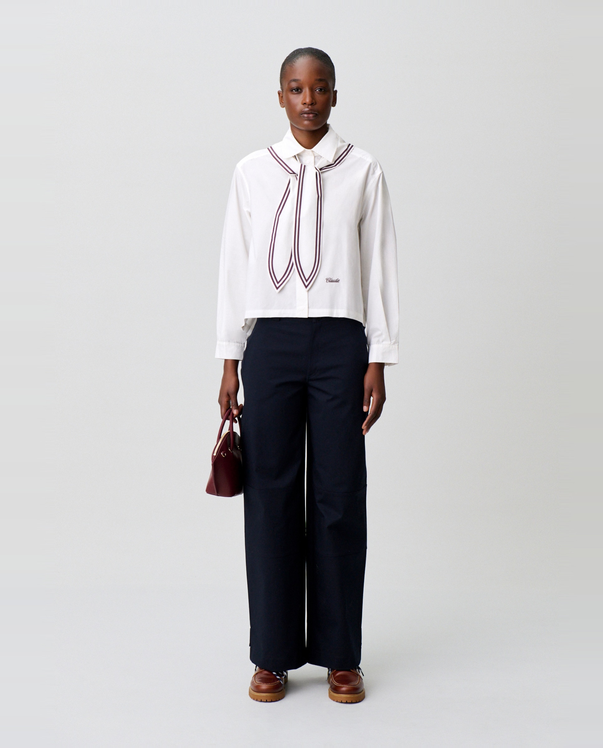Camisa de mujer de popelín de algodón de manga larga holgada con pañuelo marinero - Claudie Pierlot - Blanco Blanco-4