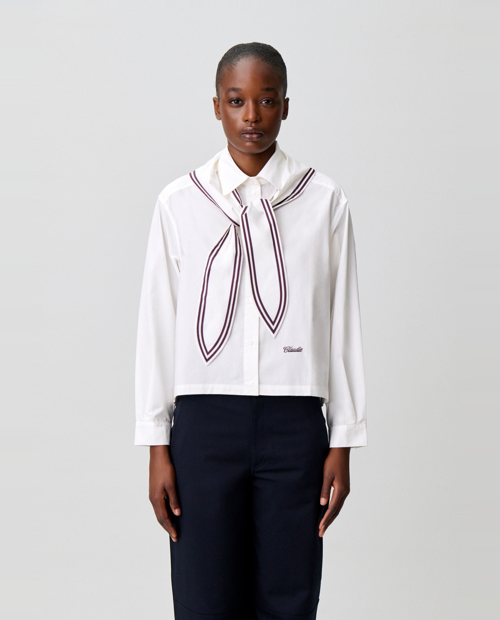 Camisa de mujer de popelín de algodón de manga larga holgada con pañuelo marinero - Claudie Pierlot - Blanco Blanco-6