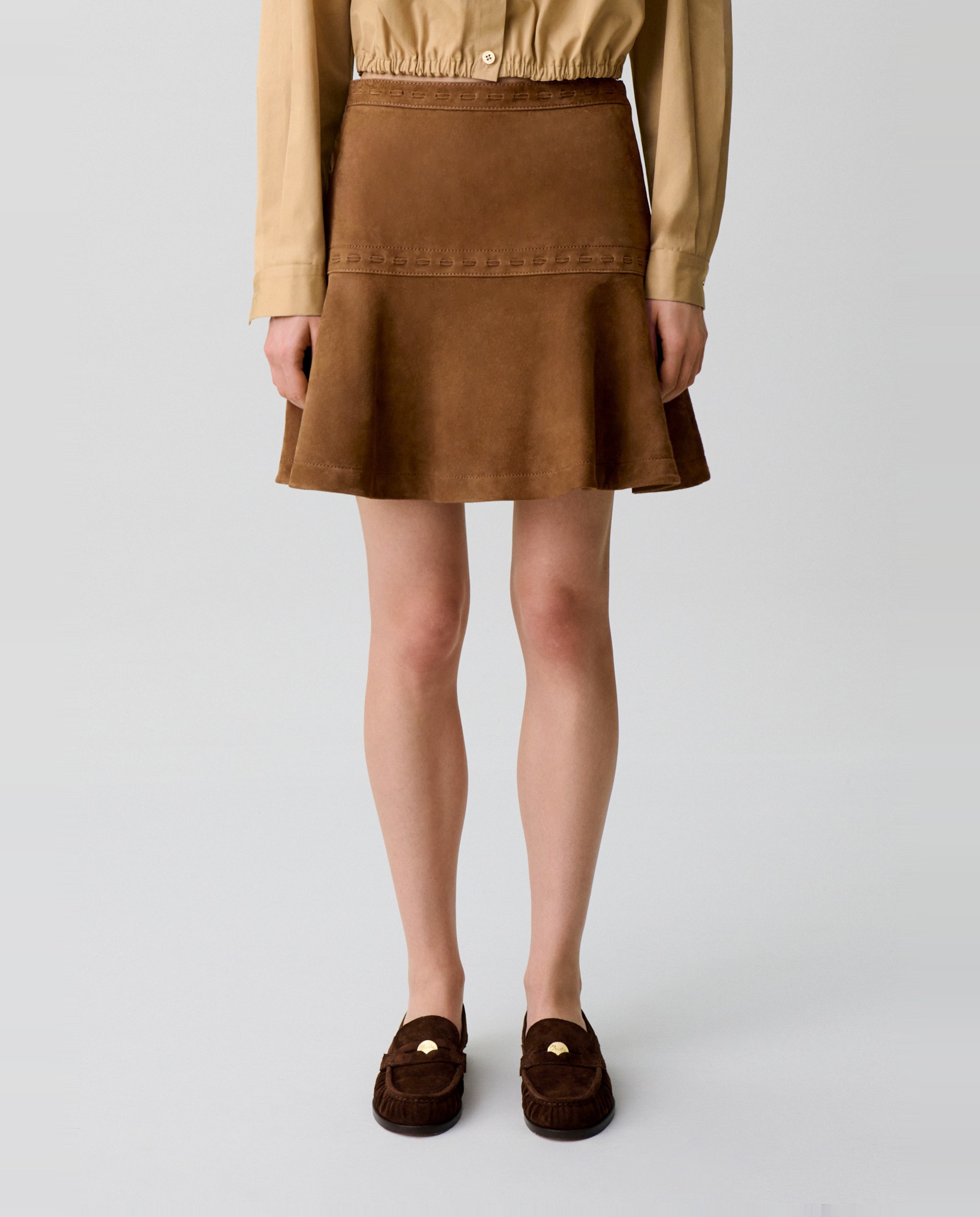 Falda corta de ante ajustada y acampanada - Claudie Pierlot - Marrón Marrón-2