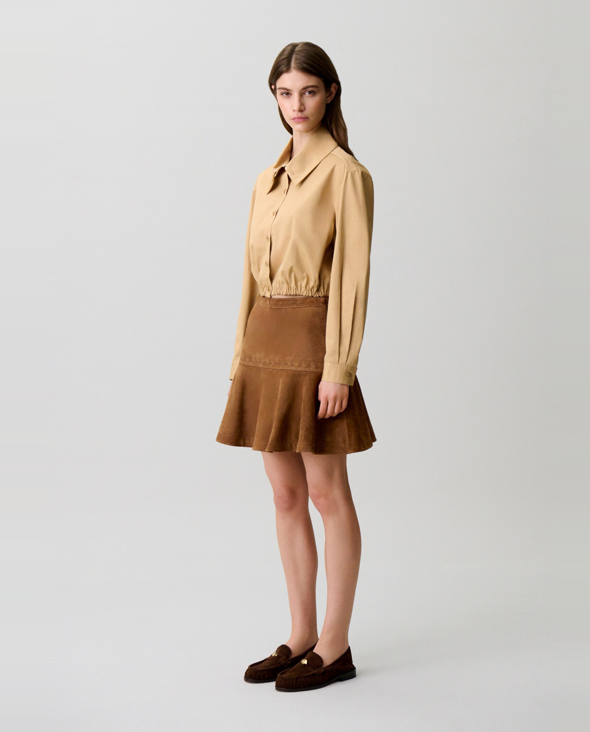 Falda corta de ante ajustada y acampanada - Claudie Pierlot - Marrón Marrón-4