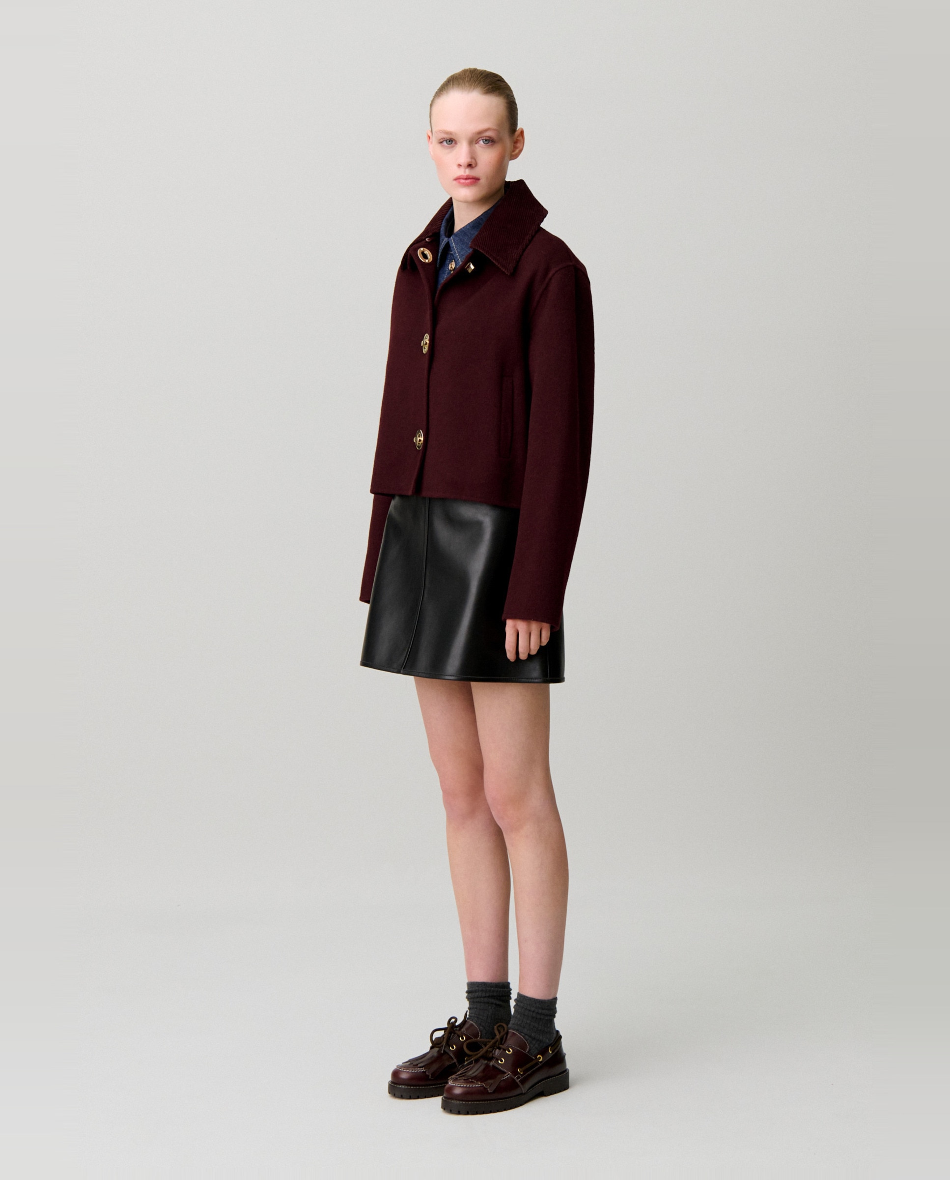 Chaqueta de mujer corte cuadrado con cuello de pana - Claudie Pierlot - Burdeos Burdeos-3