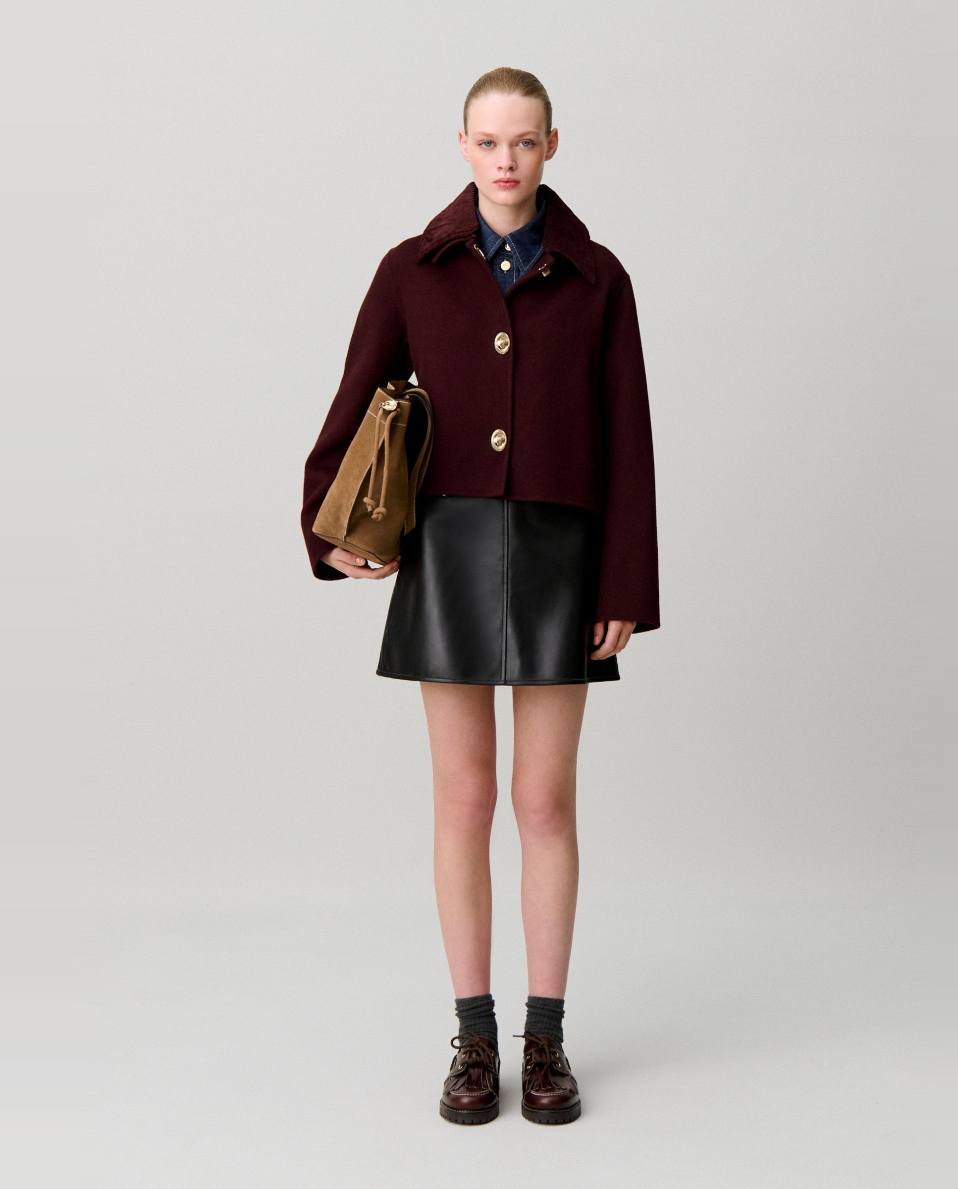 Chaqueta de mujer corte cuadrado con cuello de pana - Claudie Pierlot - Burdeos Burdeos-4