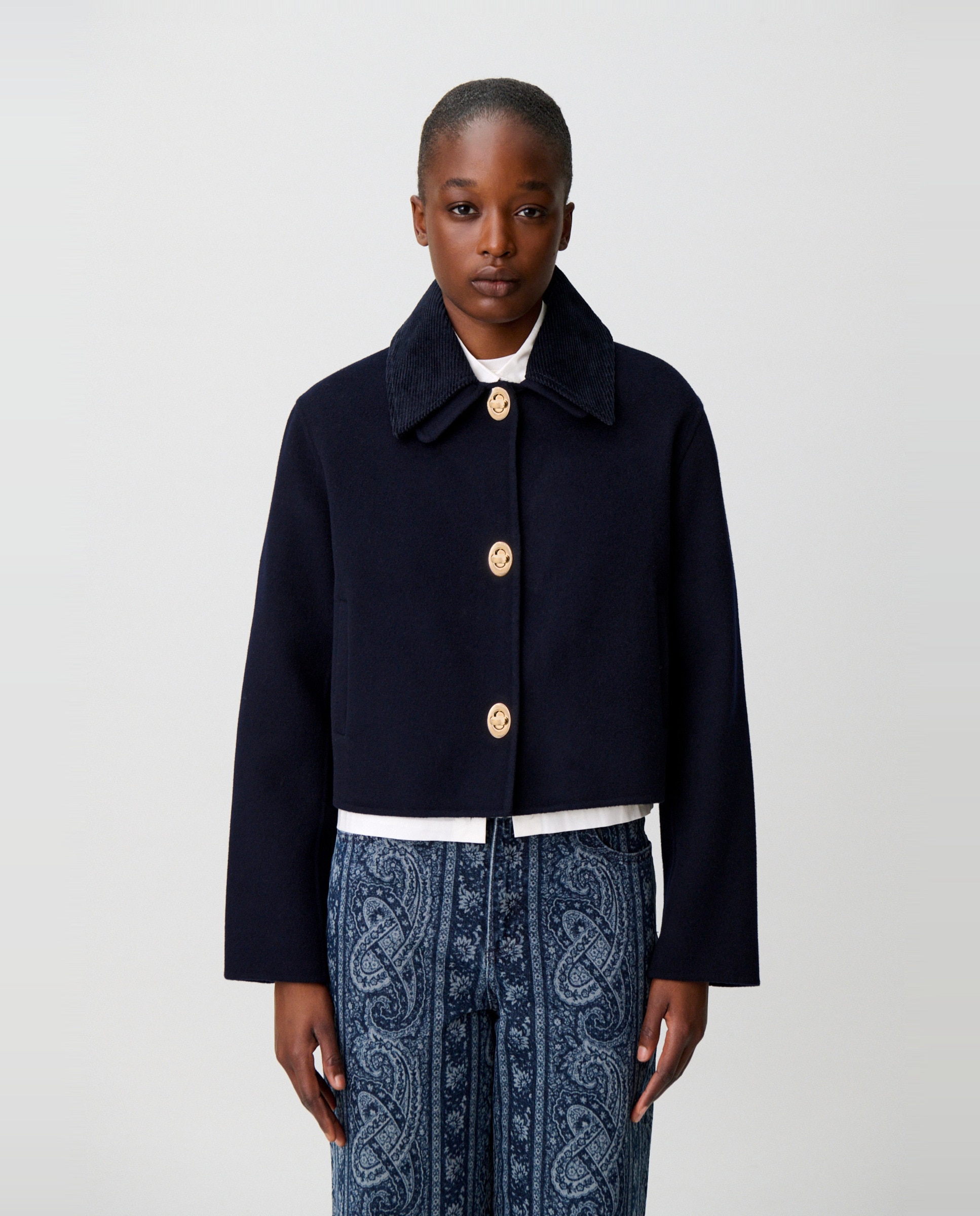 Chaqueta de mujer corte cuadrado con cuello de pana - Claudie Pierlot - Azul marino Azul marino-1