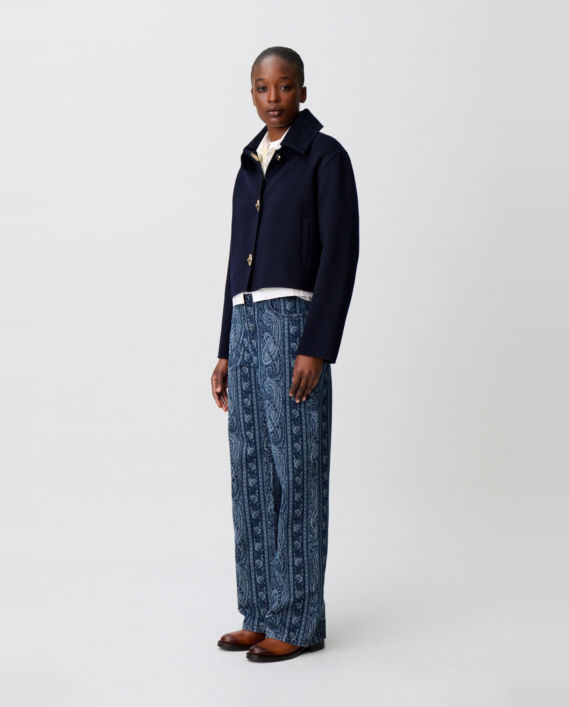 Chaqueta de mujer corte cuadrado con cuello de pana - Claudie Pierlot - Azul marino Azul marino-3