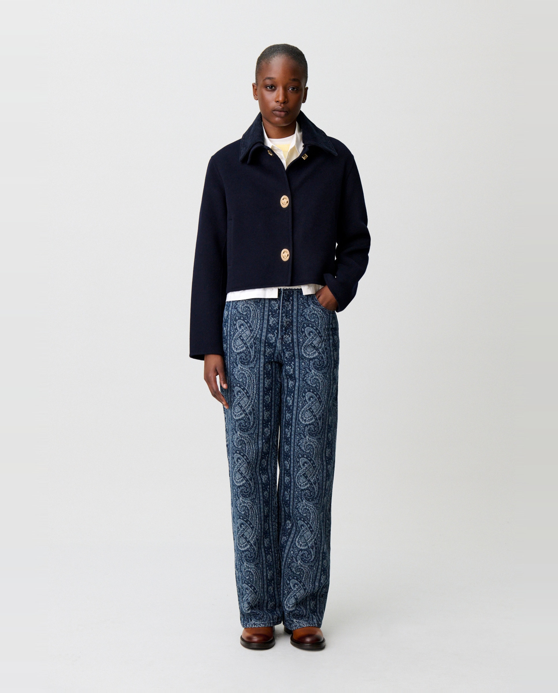 Chaqueta de mujer corte cuadrado con cuello de pana - Claudie Pierlot - Azul marino Azul marino-4