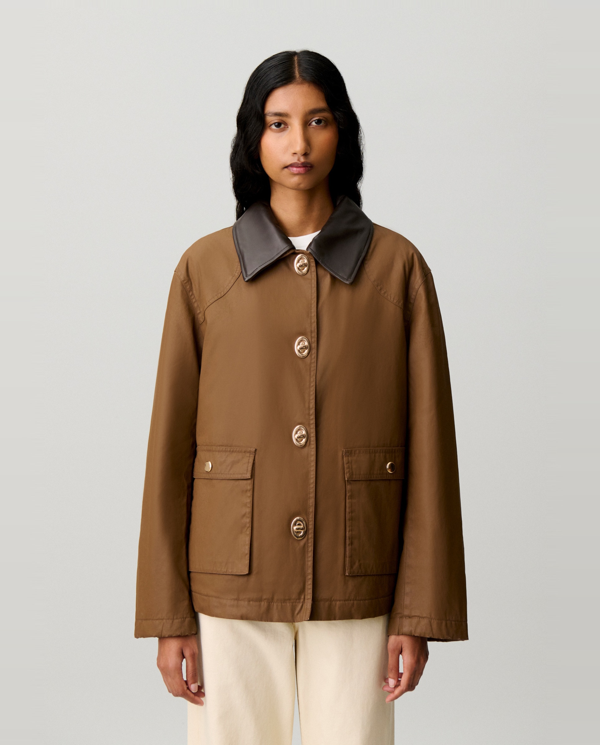Parka de mujer corta encerada con cuello de piel desmontable - Claudie Pierlot - Marrón Marrón-1