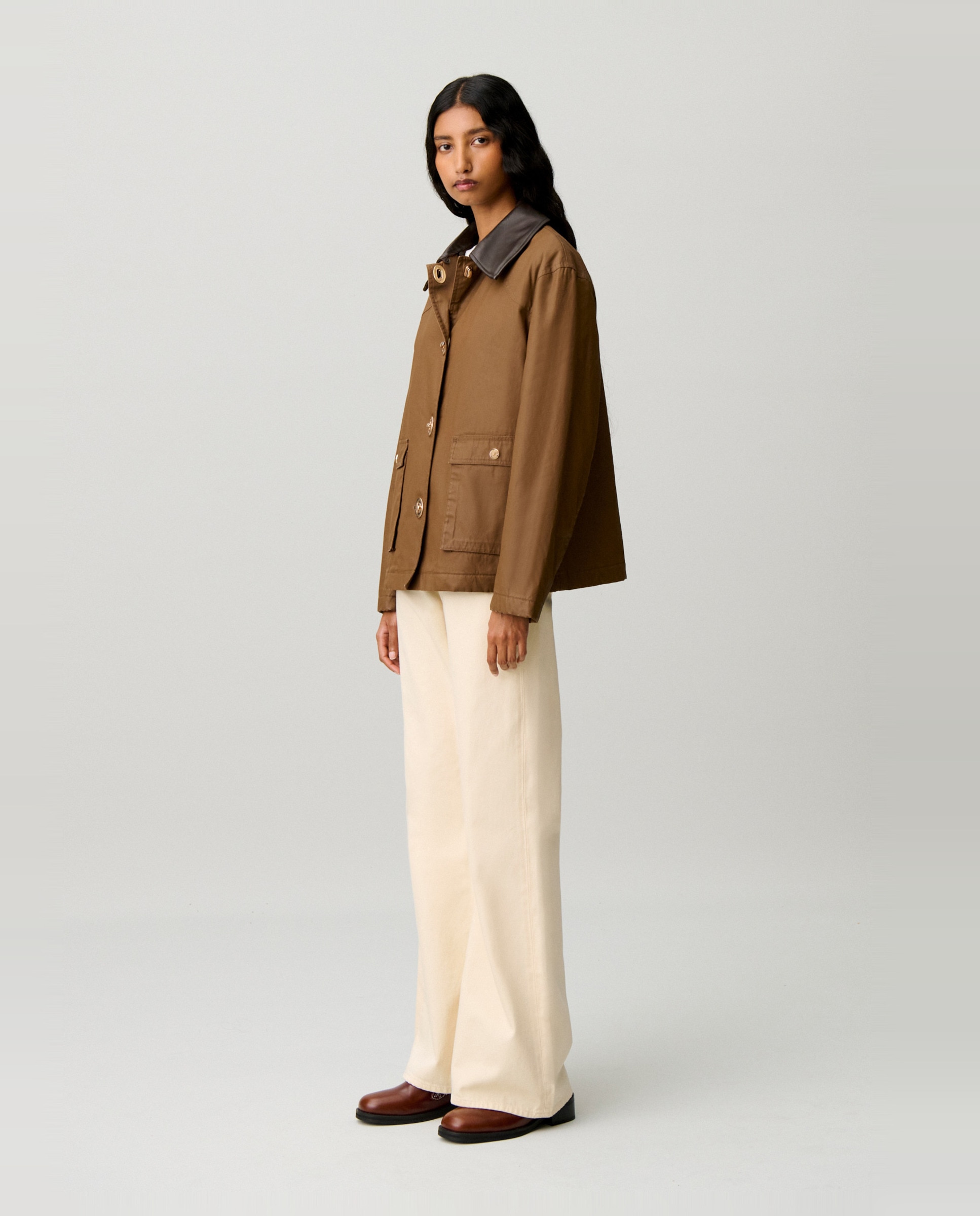 Parka de mujer corta encerada con cuello de piel desmontable - Claudie Pierlot - Marrón Marrón-3