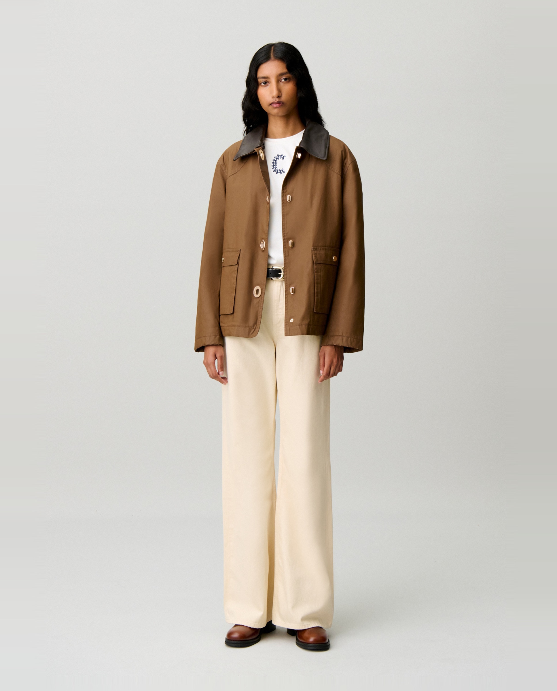 Parka de mujer corta encerada con cuello de piel desmontable - Claudie Pierlot - Marrón Marrón-4